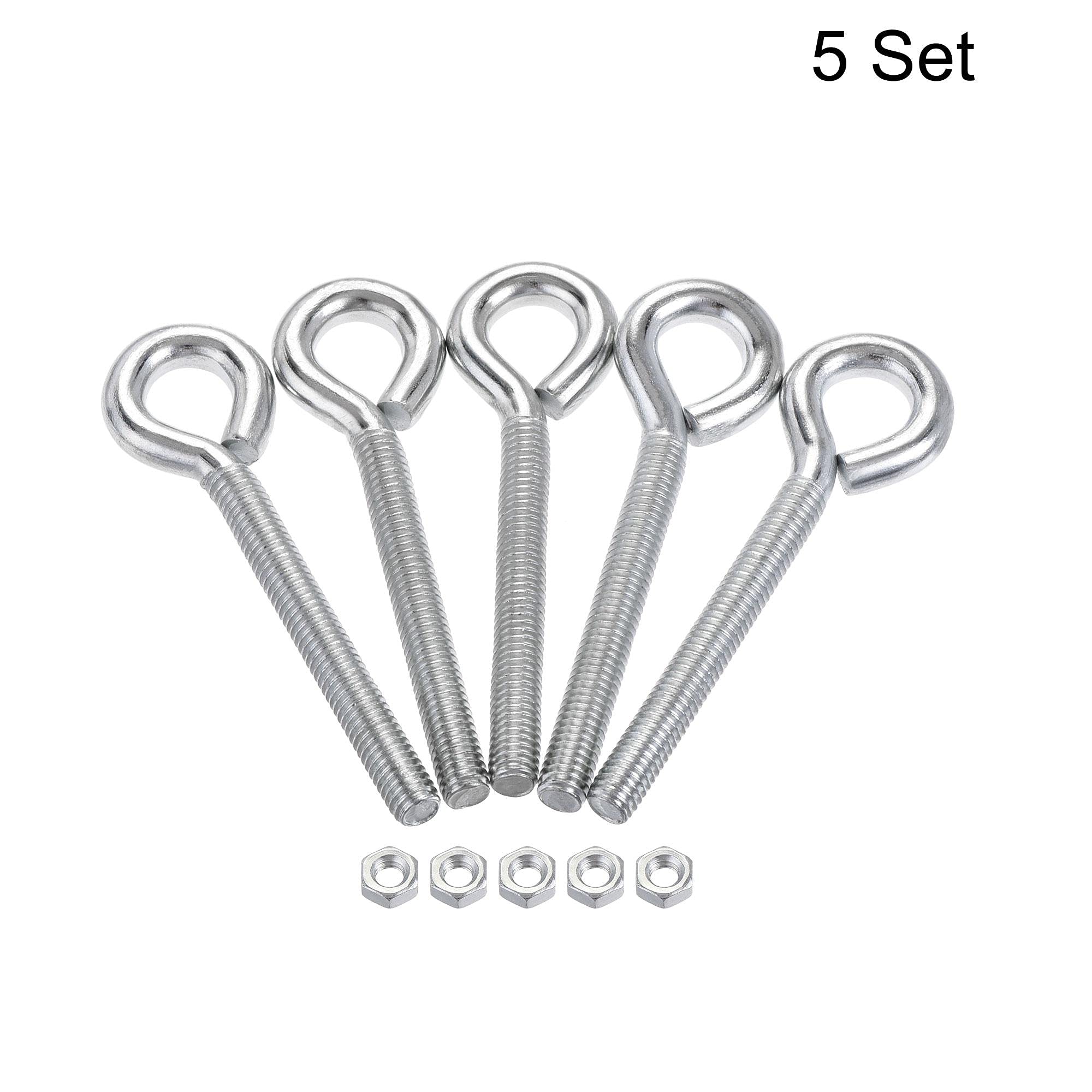 uxcell M6x50mm Eye Hook Screws Bolts Kit - 5pcs Carbon Steel Hanger Eyelet Hooks with Hex Nuts for Metal Hooks & Wood Terminal Rings - Perfect for Hanging Plants, Lights, and DIY Projects
