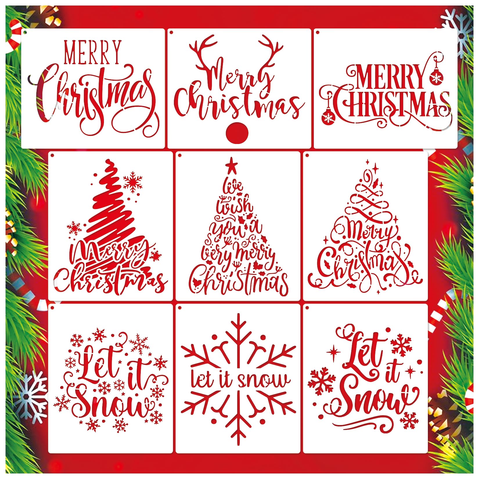 9 Pcs Reusable Merry Christmas Stencils for Crafts - Let It Snow Holiday Painting Templates for Wood, Windows, Cards & Scrapbooking (6x5 Inch) - Perfect for DIY Christmas Decorations, Gift Wrapping & Holiday Projects