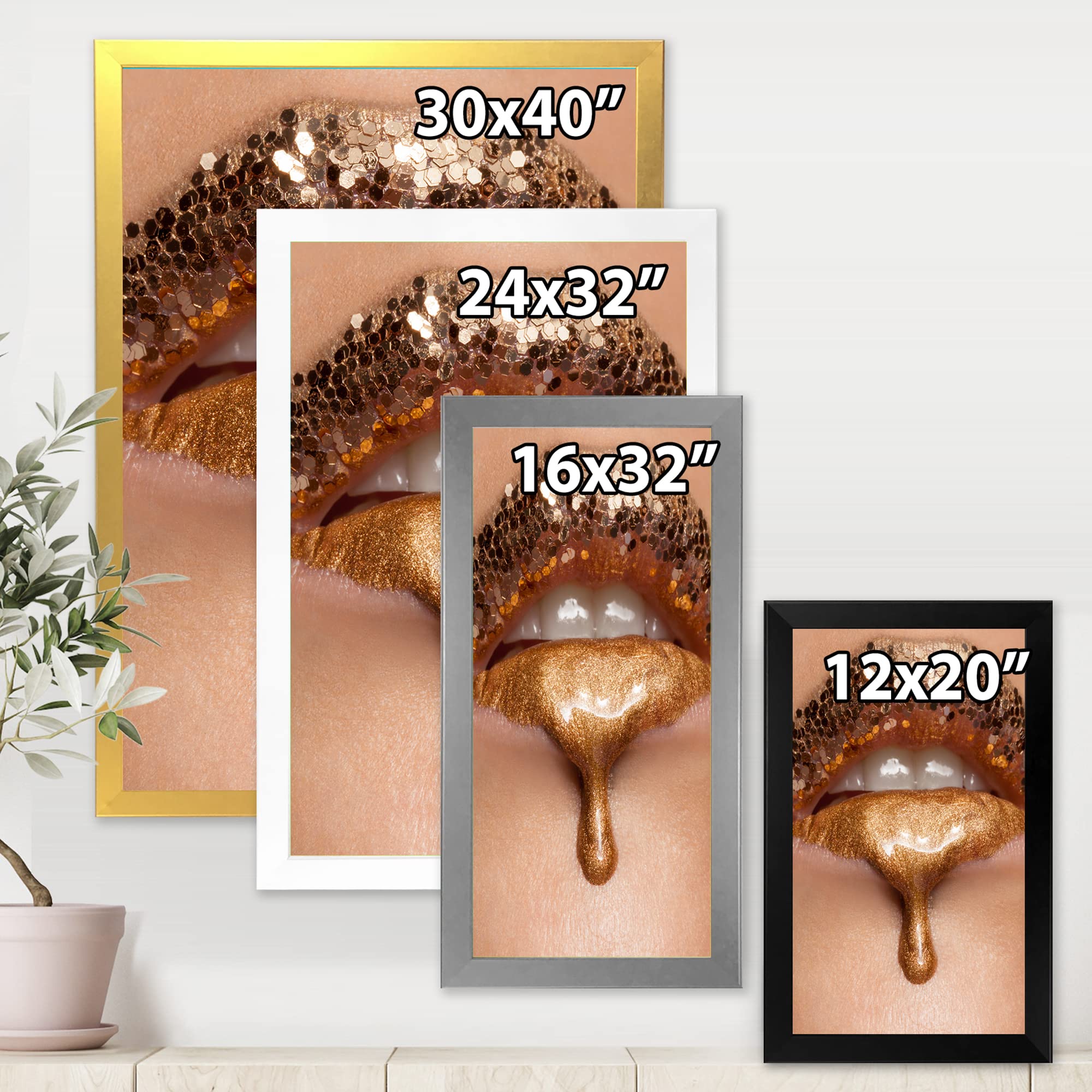 Gold Liquid Lips Close-Up Makeup Art - Modern Framed Wall Decor for Living Room, Bedroom & Office