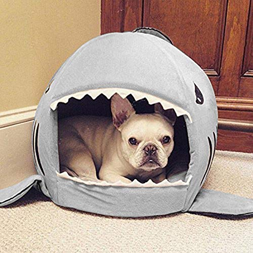 Frenchie Shark Pet House - Washable Dog & Cat Bed with Removable Cushion (Large, Grey) for Cozy Napping
