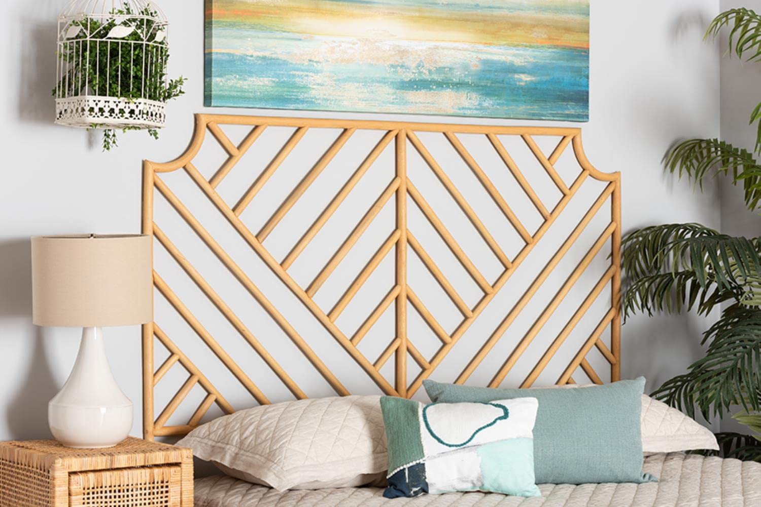 Baxton Studio Giza Modern Bohemian Rattan Queen Size Wall-Mounted Headboard - Natural Brown Woven Rattan Bed Frame Headboard for Bedroom Decor, Boho Chic Home Decor, Master Bedroom Upgrade