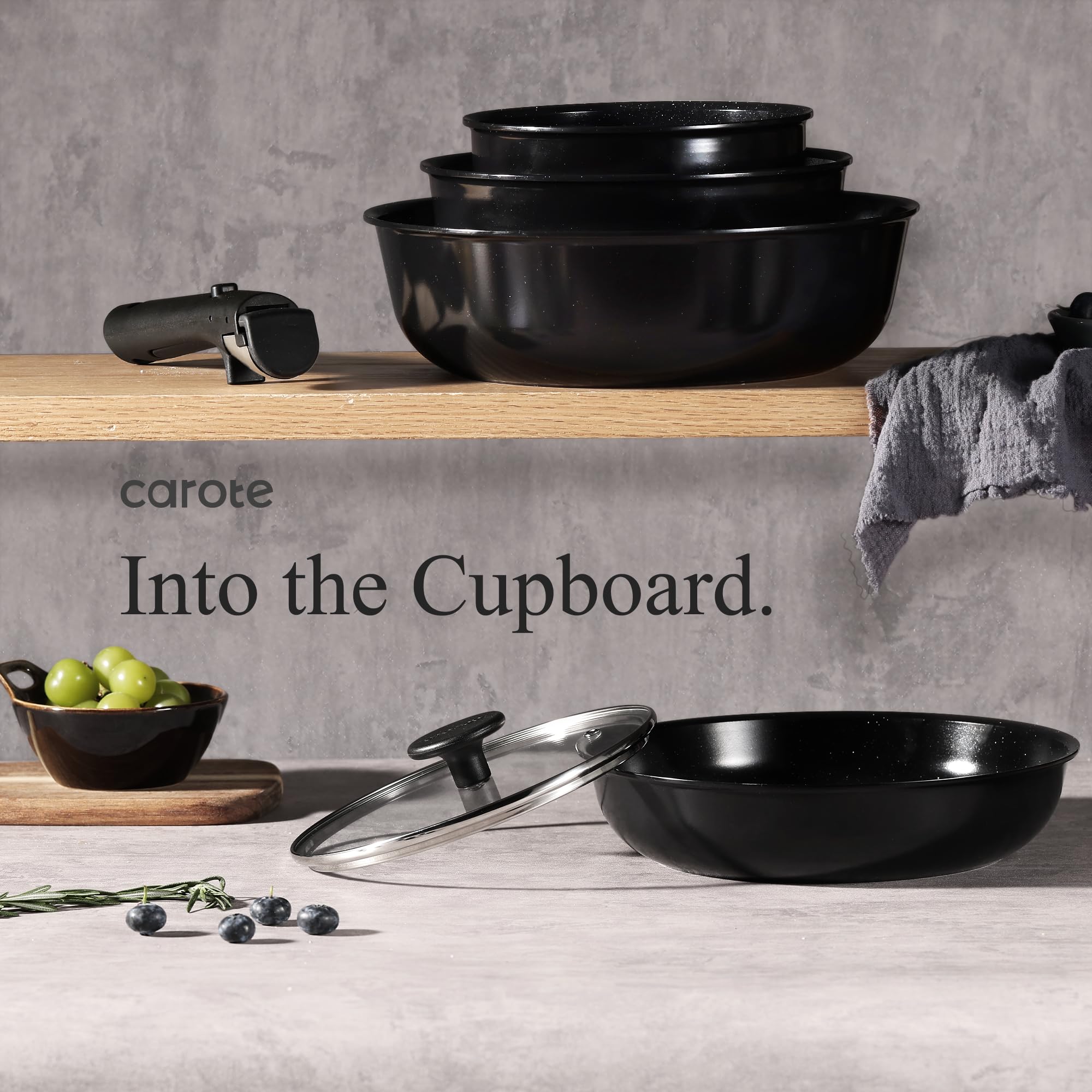 CAROTE 15-Piece Ceramic Non-Stick Cookware Set - Pots and Pans Set for Induction Stove, RV & Kitchen | Detachable Handle, Dishwasher & Oven Safe, Black | Perfect for Home Cooking, Camping & Small Spaces