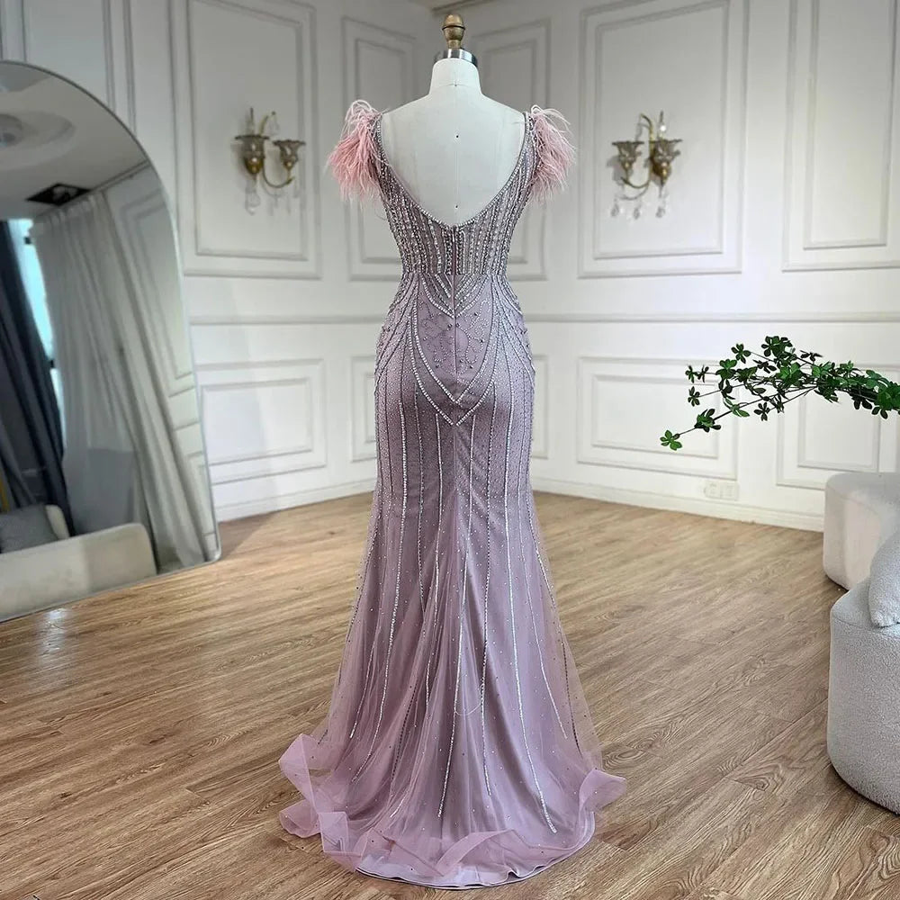Luxury Dubai Blue Mermaid Evening Dress with Pearls & Feathers - Elegant Beaded Gown for Women's Wedding, Prom, Party & Special Occasions | LA72578