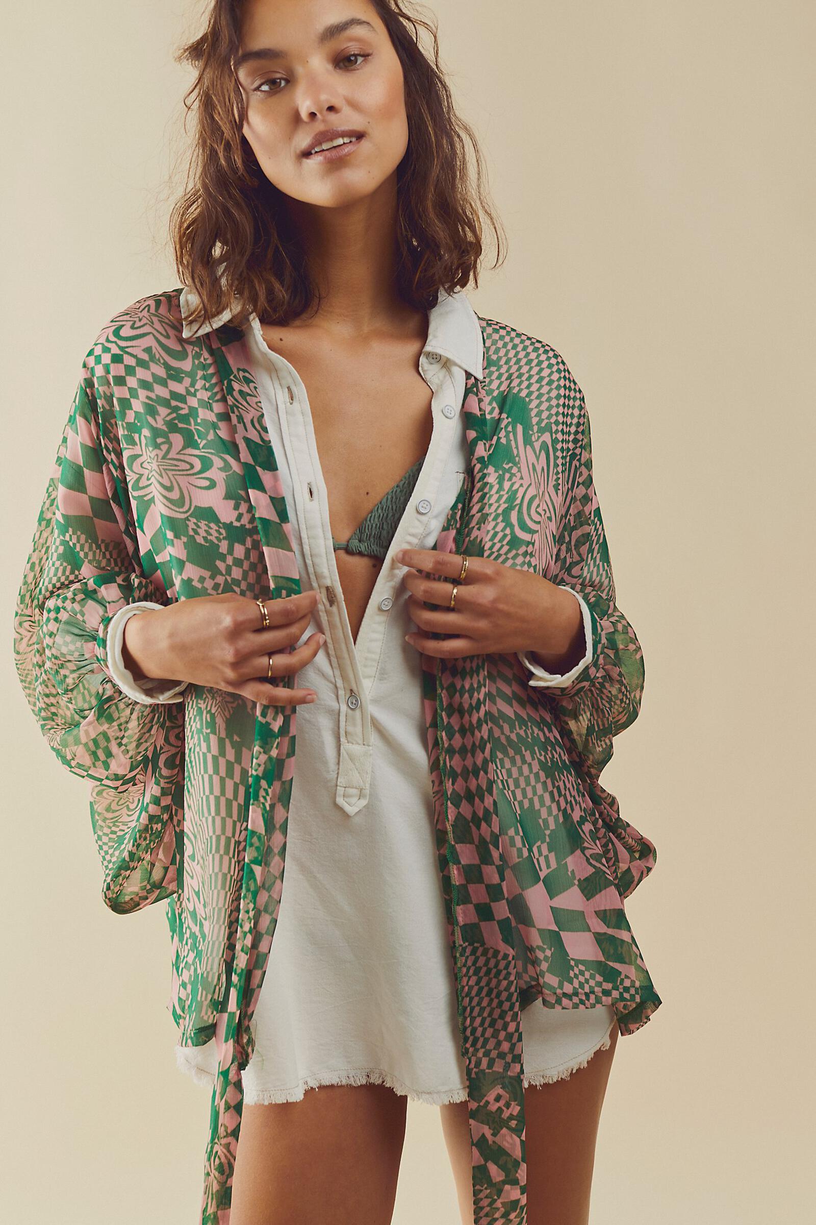 Sheer Floral Print Tie Front Kimono Robe - Lightweight Cover Up for Women - Perfect for Beach, Pool, or Lounge Wear