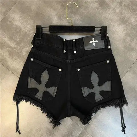 Women's High Waist Bandage Tassel Jean Shorts - Y2K Streetwear Fashion Wide Leg Pants for Summer | Perfect for Casual Outings, Music Festivals & Beach Vacations