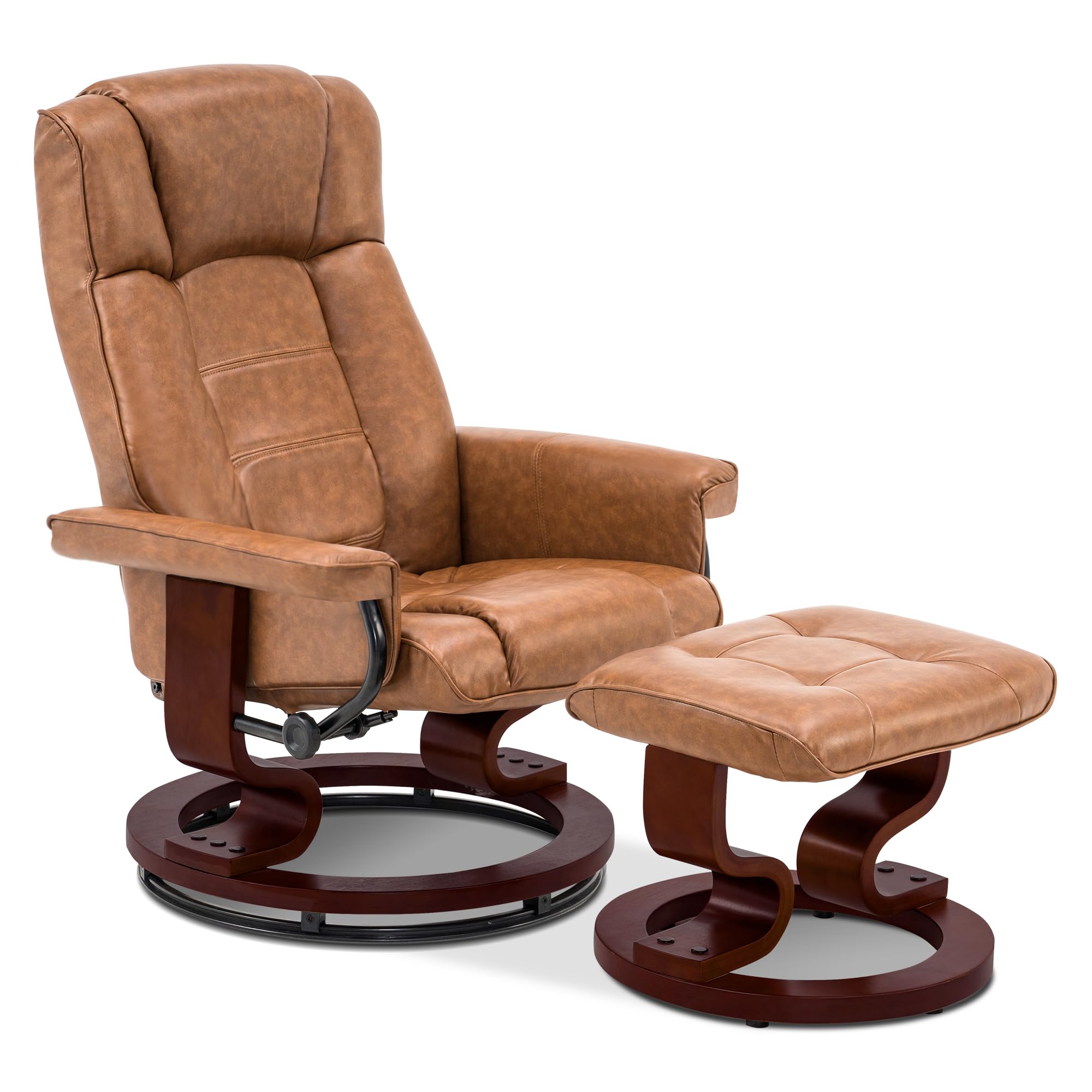 MCombo Manual Swivel Recliner Chair with Ottoman Set - Faux Leather Living Room Furniture for Small Spaces, RV, Bedroom & Office - Comfortable Saddle Brown Reclining Chair (Perfect for Relaxing, Reading & Napping)