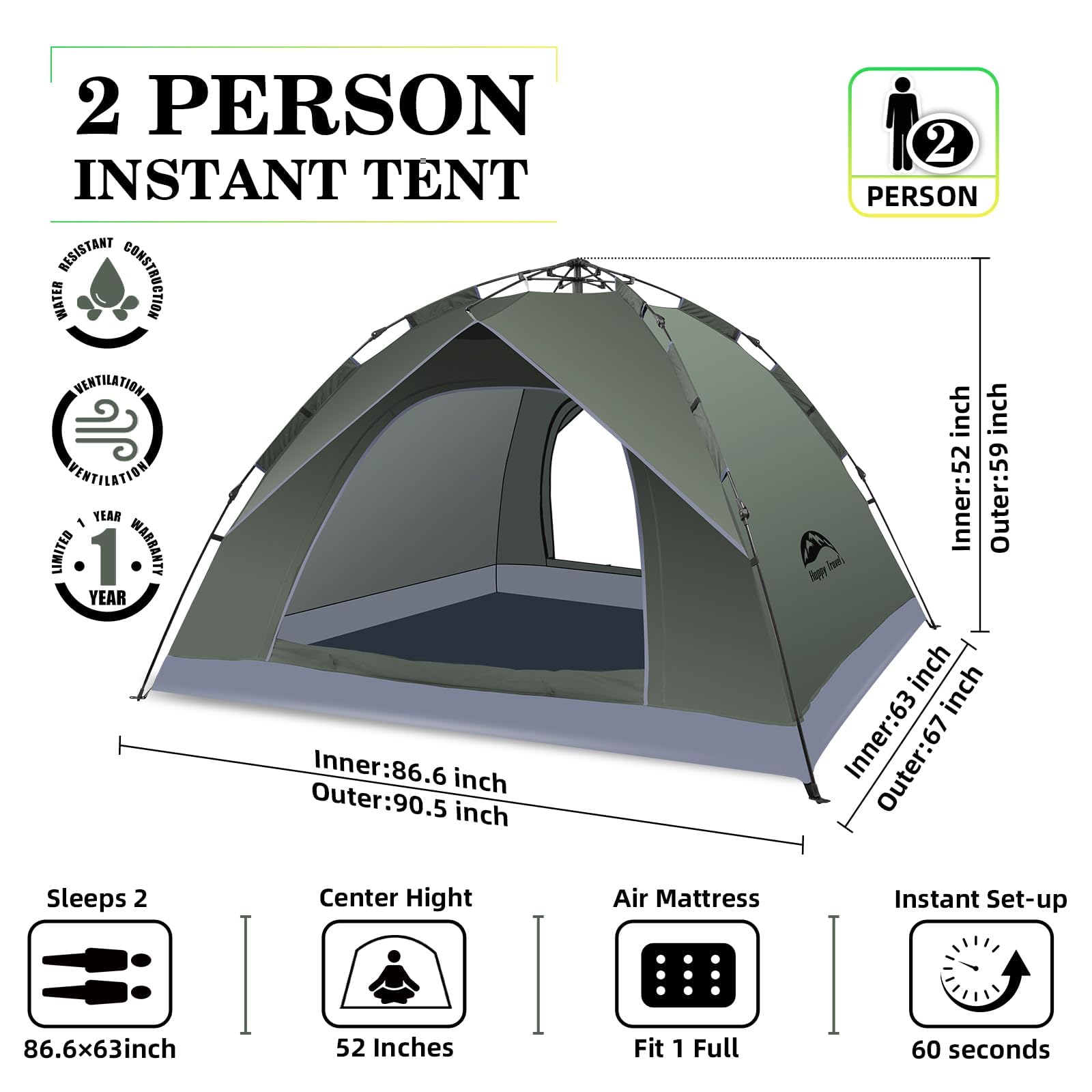 Happy Travel 1/2/3/4 Person Instant Pop Up Camping Tent - Waterproof, Windproof & Easy Setup Dome Tent for Family Camping, Hiking, Backpacking & Outdoor Adventures - Perfect for Beach, Picnics & Festivals
