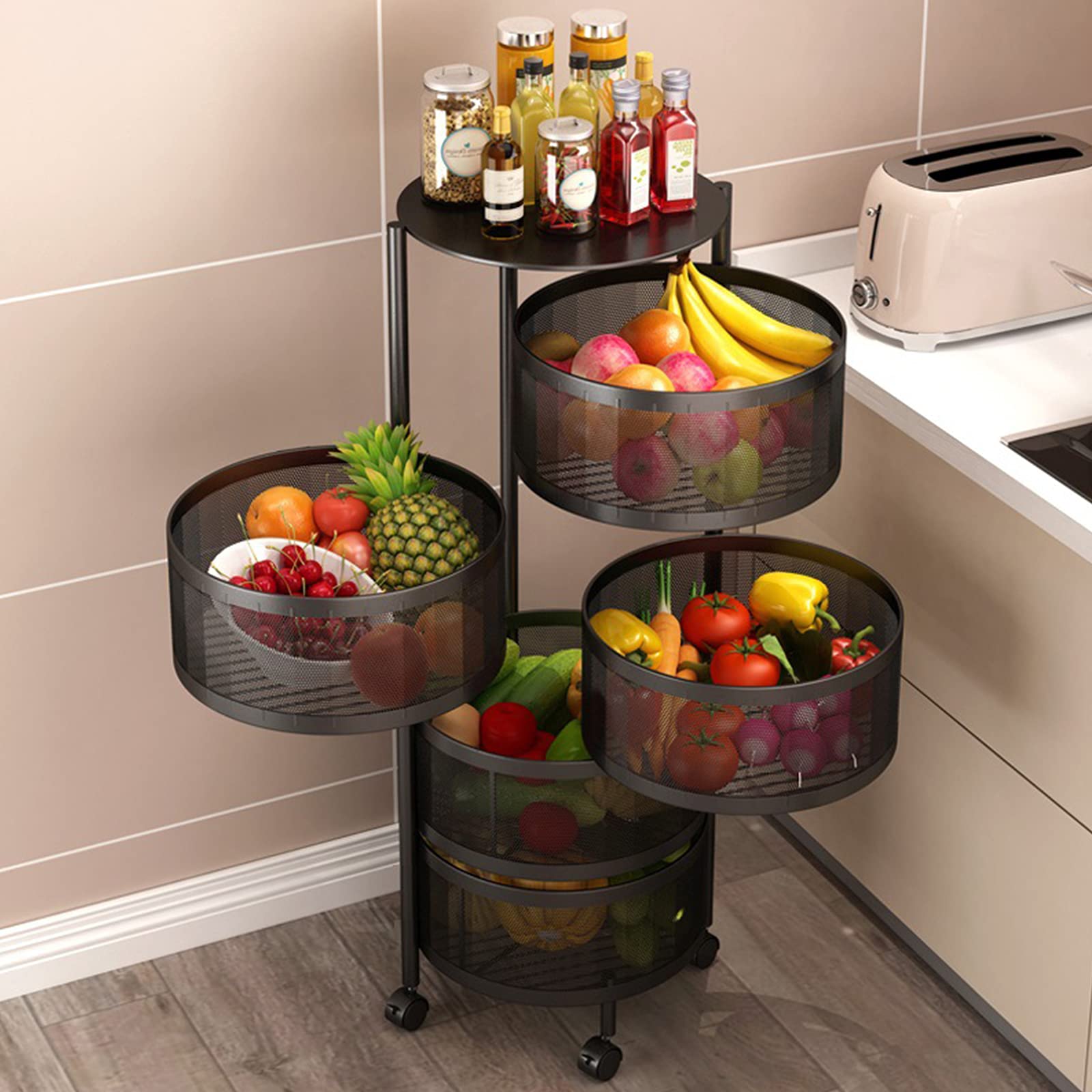 5-Tier Rotating Kitchen Storage Shelf - Multi-Layer Fruit & Vegetable Basket Organizer | Space-Saving Floor Standing Rack for Kitchen, Pantry, Living Room | Perfect for Small Apartments & Home Organization