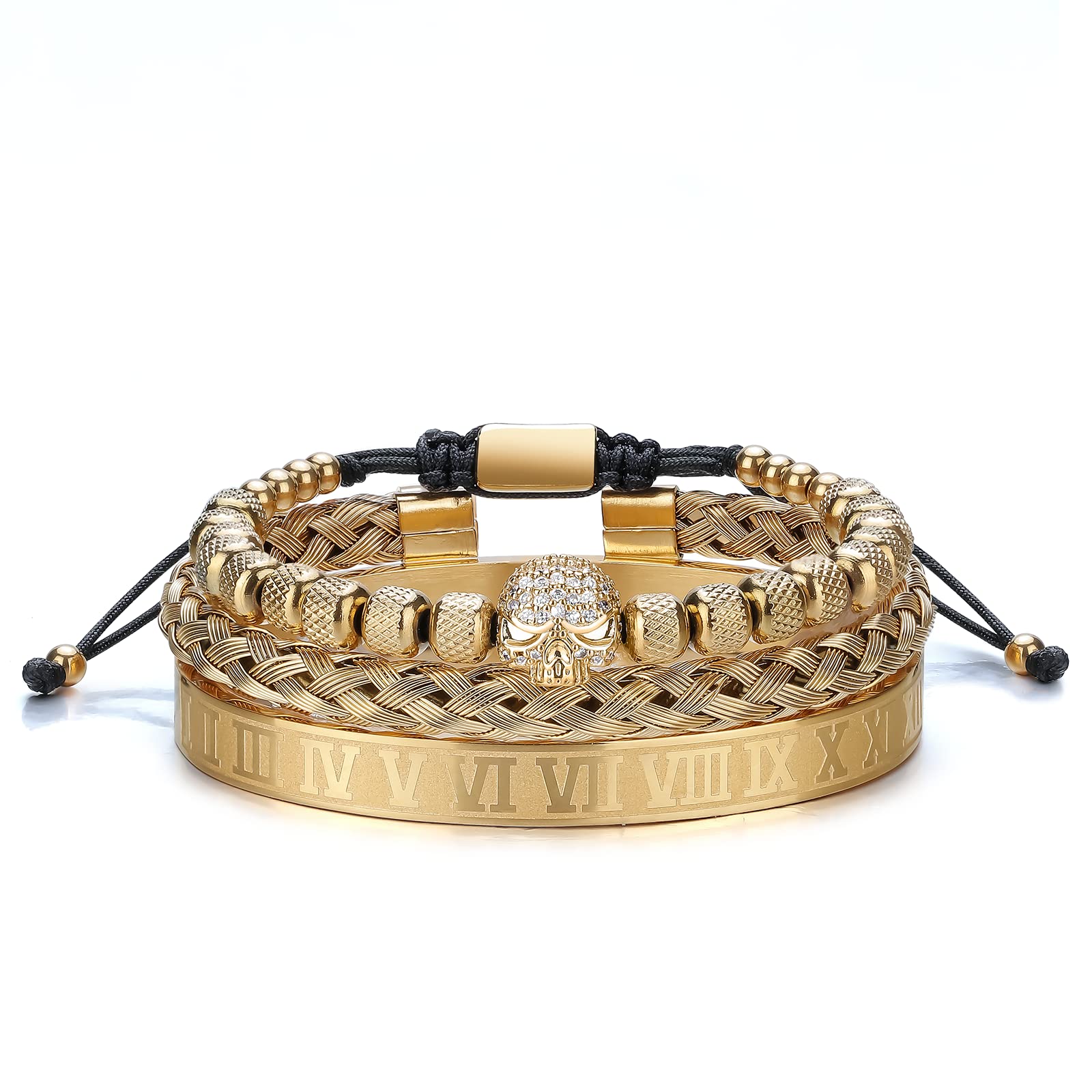 MollyQueen Imperial Crown King 18K Gold CZ Beads Bracelet Set - Luxury Royal Stacked Charm Bangle for Men & Women - Perfect for Weddings, Parties & Special Occasions - Comes with Elegant Gift Box