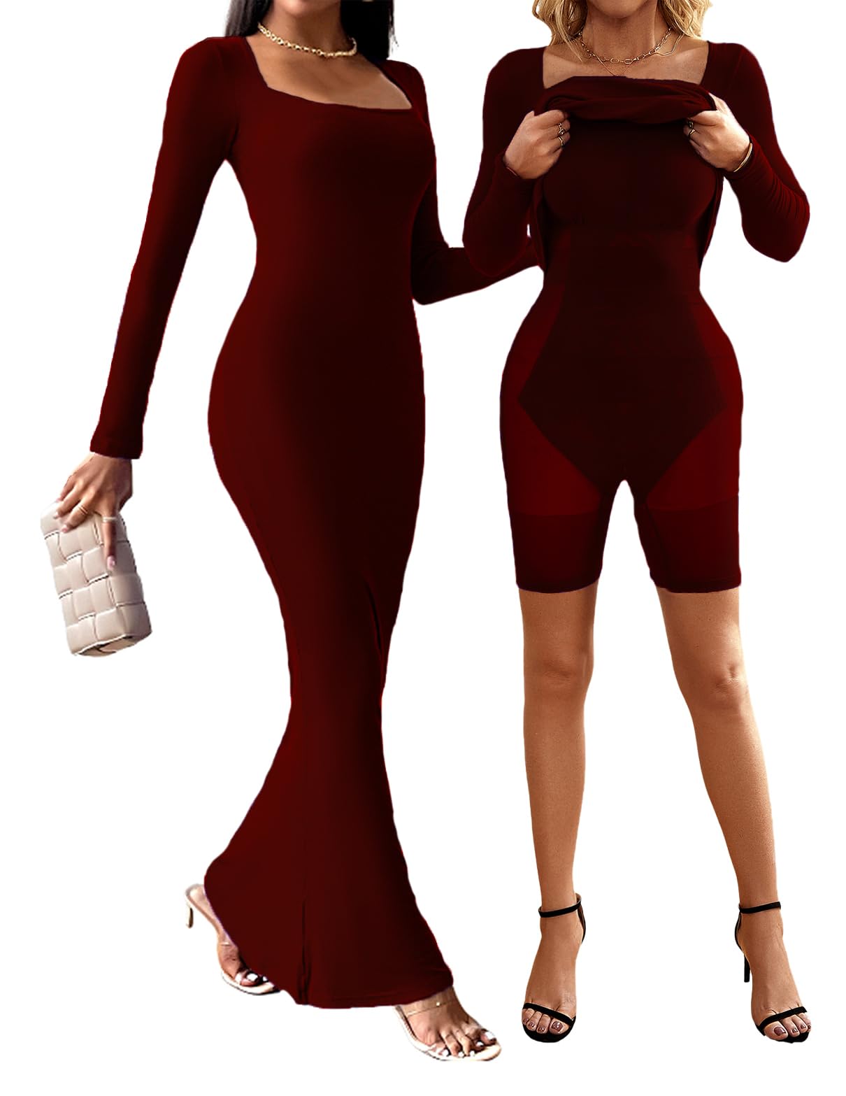 Women's Tummy Control Shapewear Maxi Dress with Built-In Bra - Long Sleeve Slimming Dress for Fall & Winter (Brown, XL) | Perfect for Work, Parties & Special Occasions