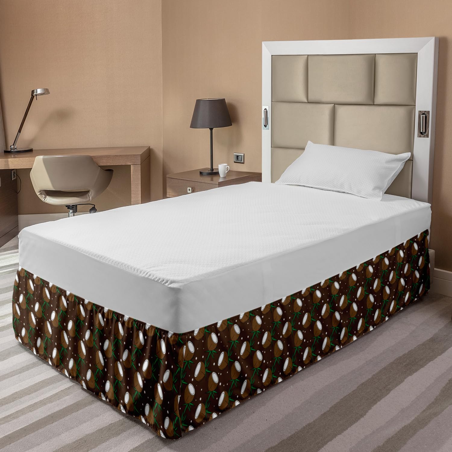 Ambesonne Chocolate Brown Bed Skirt - Tropical Coconut & Dot Pattern Elastic Dust Ruffle Wrap Around for Twin/Twin XL Beds - Perfect for Beach House & Boho Bedroom Decor