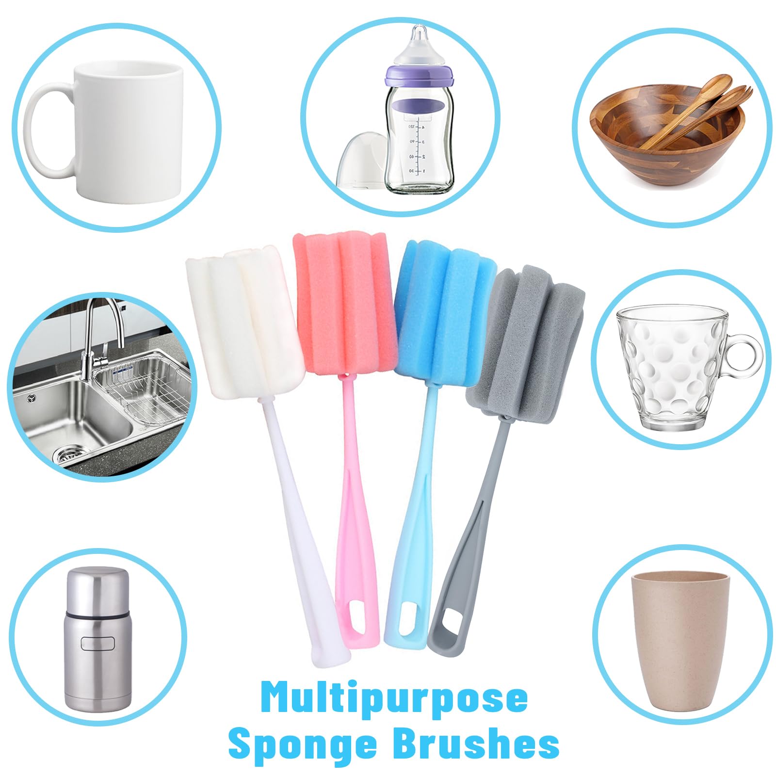 4-Pack Long Handle Bottle Brush Sponge - Durable Cup & Glass Cleaner for Baby Bottles, Mugs, Kitchenware | Perfect for Baby Feeding, Dishwashing & Home Cleaning