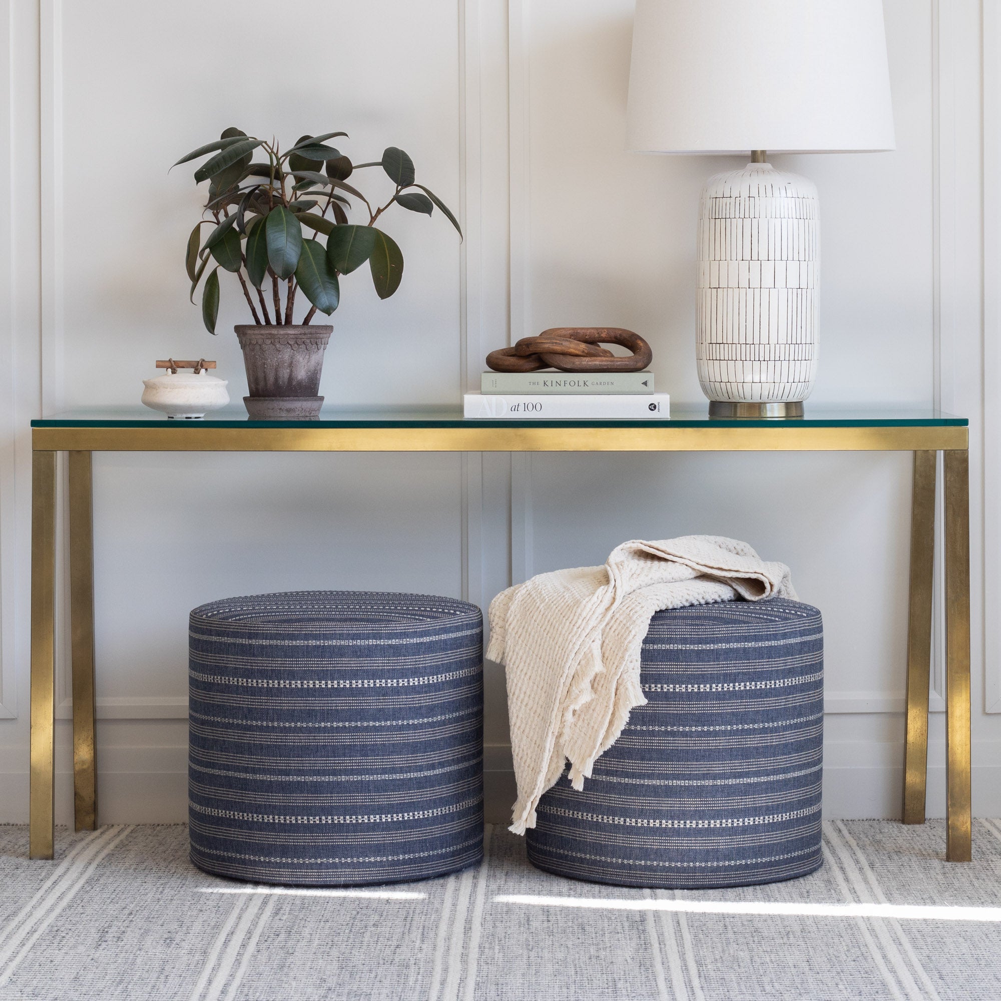 Anya Stripe 18x16 Round Ottoman Pouf in Denim Blue - Perfect for Living Room, Bedroom or Nursery Seating and Storage