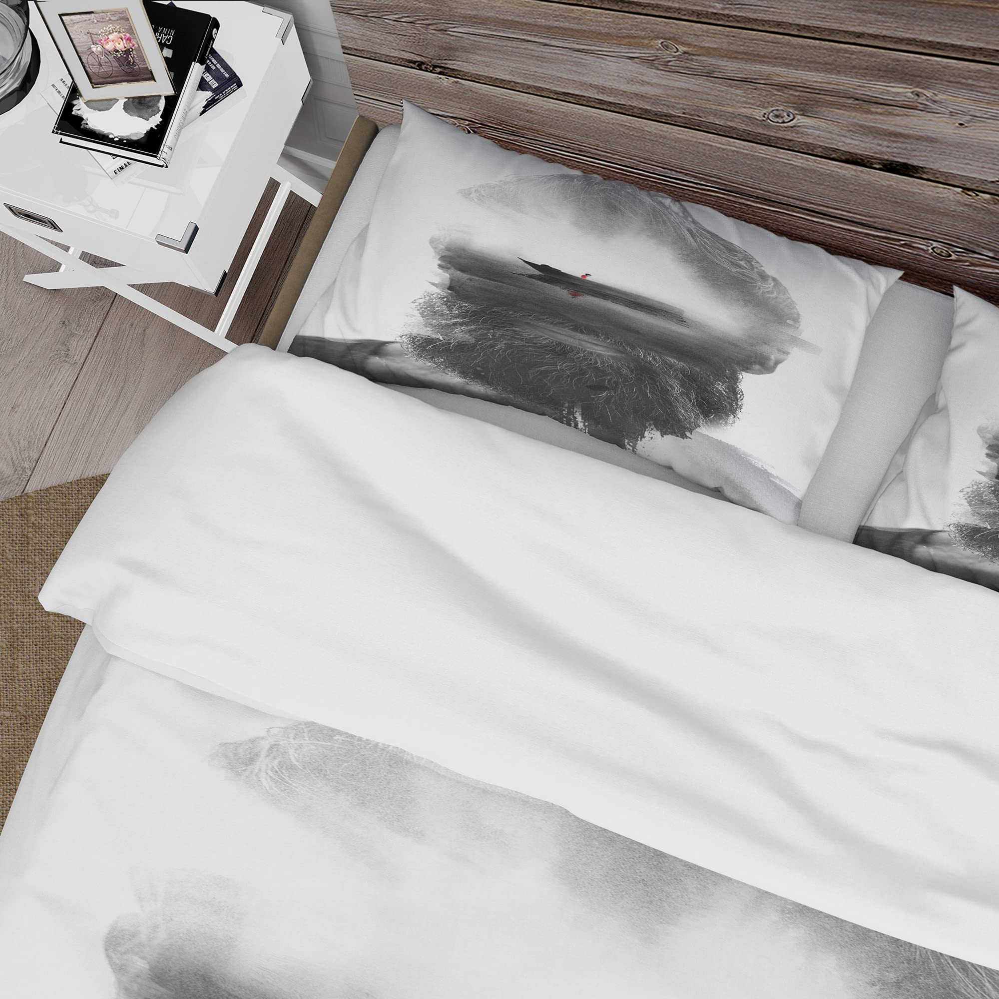Modern Floating Boat Portrait King Duvet Cover Set - 3 Piece White Contemporary Bedding for All Seasons | Perfect for Romantic Bedrooms & Coastal Themed Decor