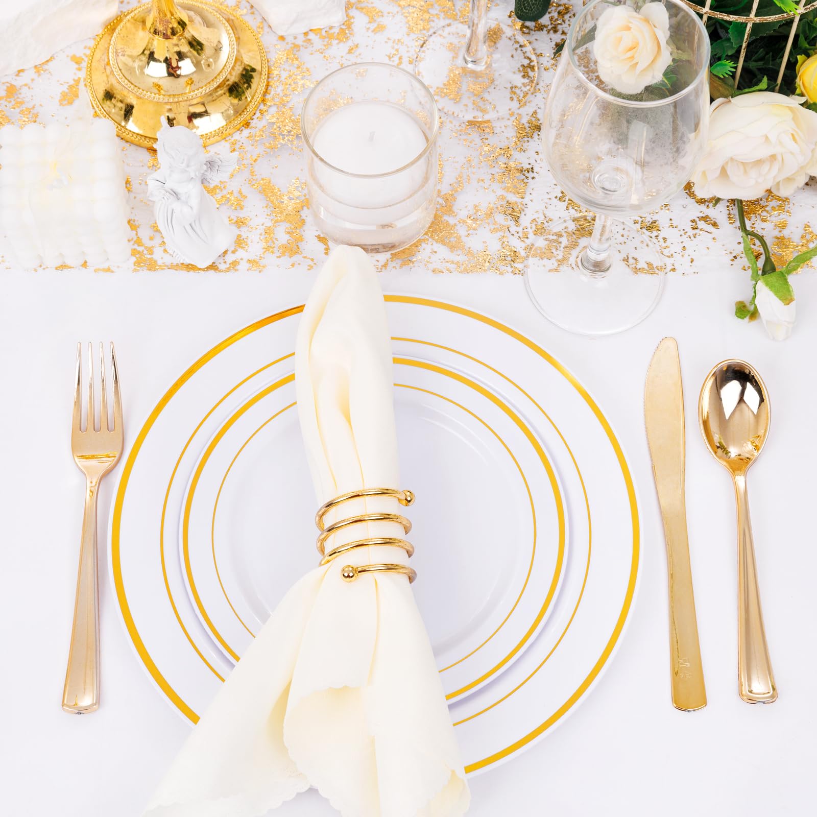 DaYammi 150-Piece Gold Plastic Dinnerware Set - 30 Gold Rim Dinner Plates, 30 Salad Plates, 30 Plastic Cutlery Sets | Elegant Disposable Tableware for Weddings, Parties, and Special Events