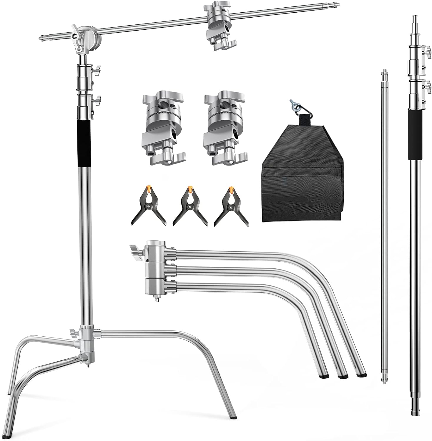 Professional C Stand with Boom Arm for Photography & Video - Heavy Duty Stainless Steel, Max Height 10.5ft/320cm, 4.2ft/128cm Holding Arm (CXJH01) - Perfect for Studio Lighting, YouTube Videos & Film Production