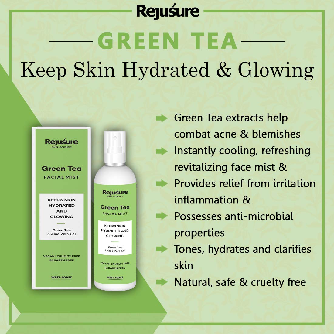 Rejusure Green Tea Face Mist for Hydration & Glow - 100ml Facial Spray for Dry Skin - Refreshing Skin Care for Daily Use & Travel