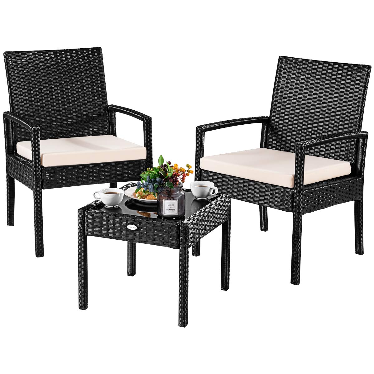 Goplus 3-Piece Wicker Patio Conversation Set with Tempered Glass Tabletop - Outdoor Rattan Sofa Set for Garden, Backyard, Balcony & Poolside Relaxation