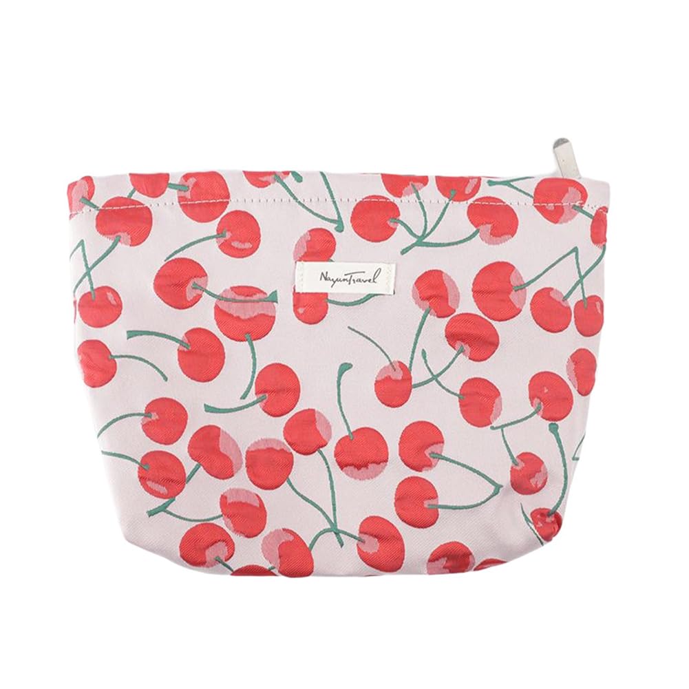 Hiroyuki Large Floral Makeup Bag for Women - Travel Cosmetic Organizer, Cherry Canvas Toiletry Pouch with Cute Zipper - Aesthetic Beauty Case (Red) | Perfect for Travel, Gym, and Daily Makeup Storage