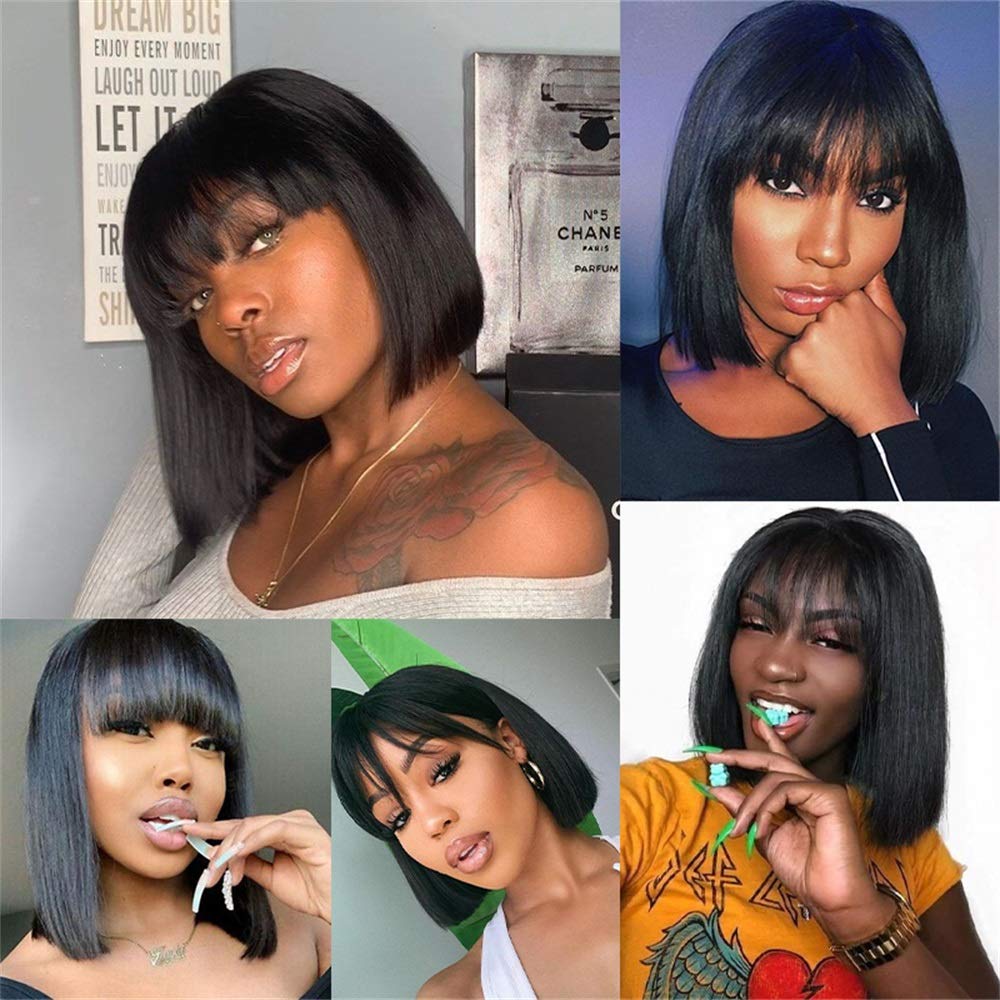 100% Brazilian Virgin Human Hair Short Bob Wigs with Bangs - 12 Inch Straight Glueless Machine Made Wig for Black Women | Natural Color | Perfect for Daily Wear, Cosplay & Special Occasions