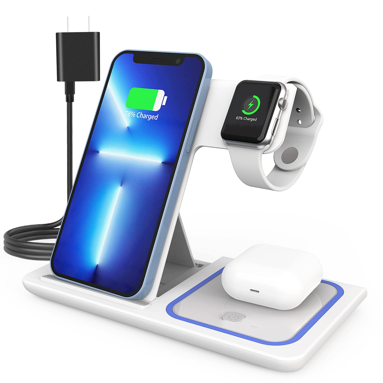3-in-1 Fast Wireless Charging Station for iPhone 13/12/11/Pro/X/SE/8 Plus & Apple Watch Series 6/5/4/3/2 & AirPods - 18W Qi-Certified Charger Stand Dock | Perfect for Bedside, Office Desk, and Travel Charging