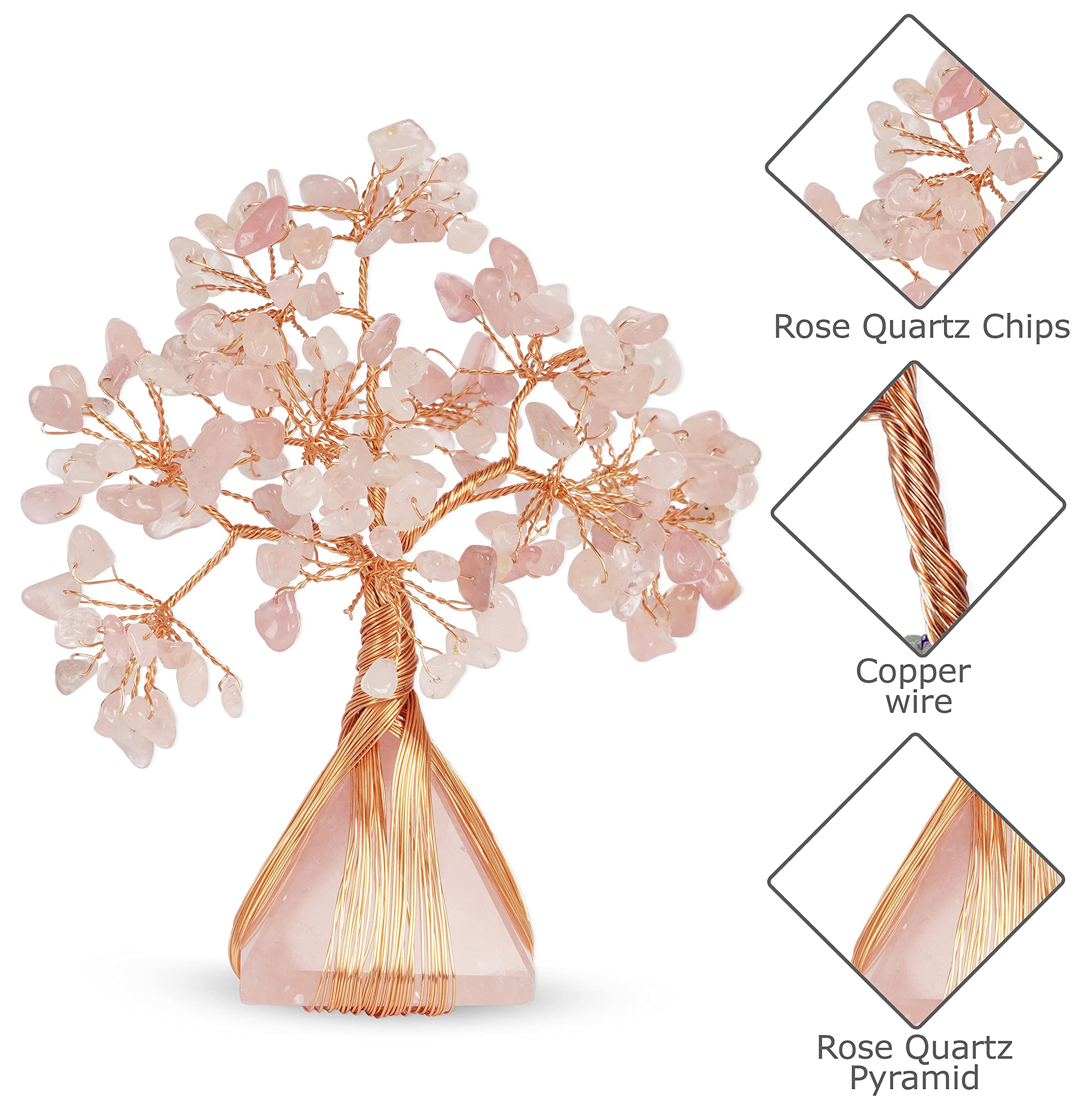 Rose Quartz Copper Wire Bonsai Tree - Feng Shui Healing Crystal Decor with Pyramid Base | Home Office Meditation Zen Gift