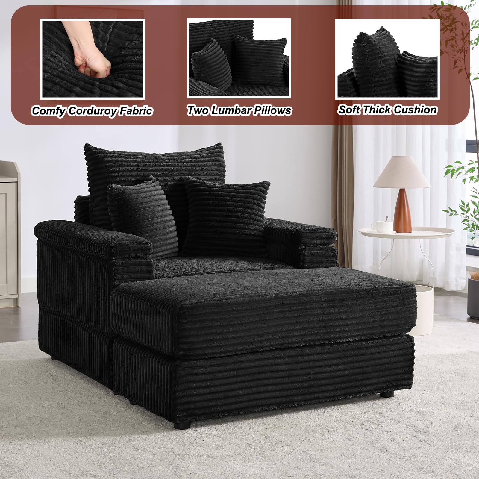 Oversized Chaise Lounge Chair with Ottoman - Reclining Upholstered Corduroy Sofa for Living Room, Comfy Sleeper Chair in Black (42.5