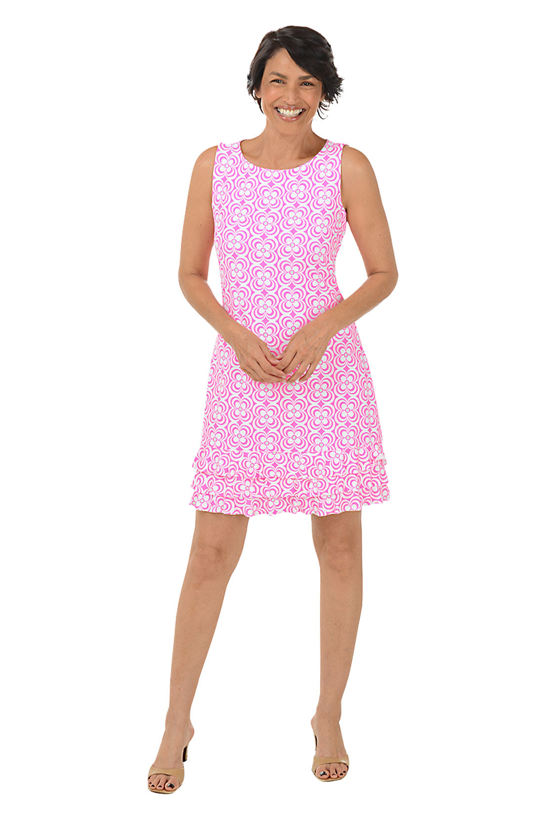 Pink Floral Daisy Print UPF50+ Sun Protection Ruffle Dress for Women - Perfect for Beach Vacations, Summer Outings, and Outdoor Events