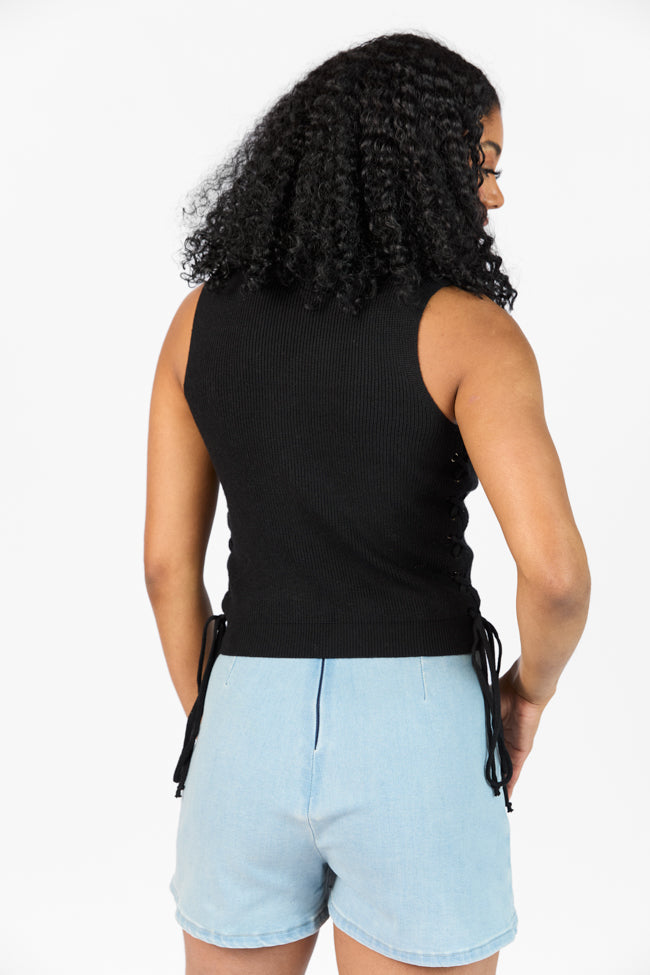Stylish Black Corset Side Detail Sweater Tank Top for Women | Elegant Layering Piece for Date Night & Evening Outfits | Fashionable Casual Wear