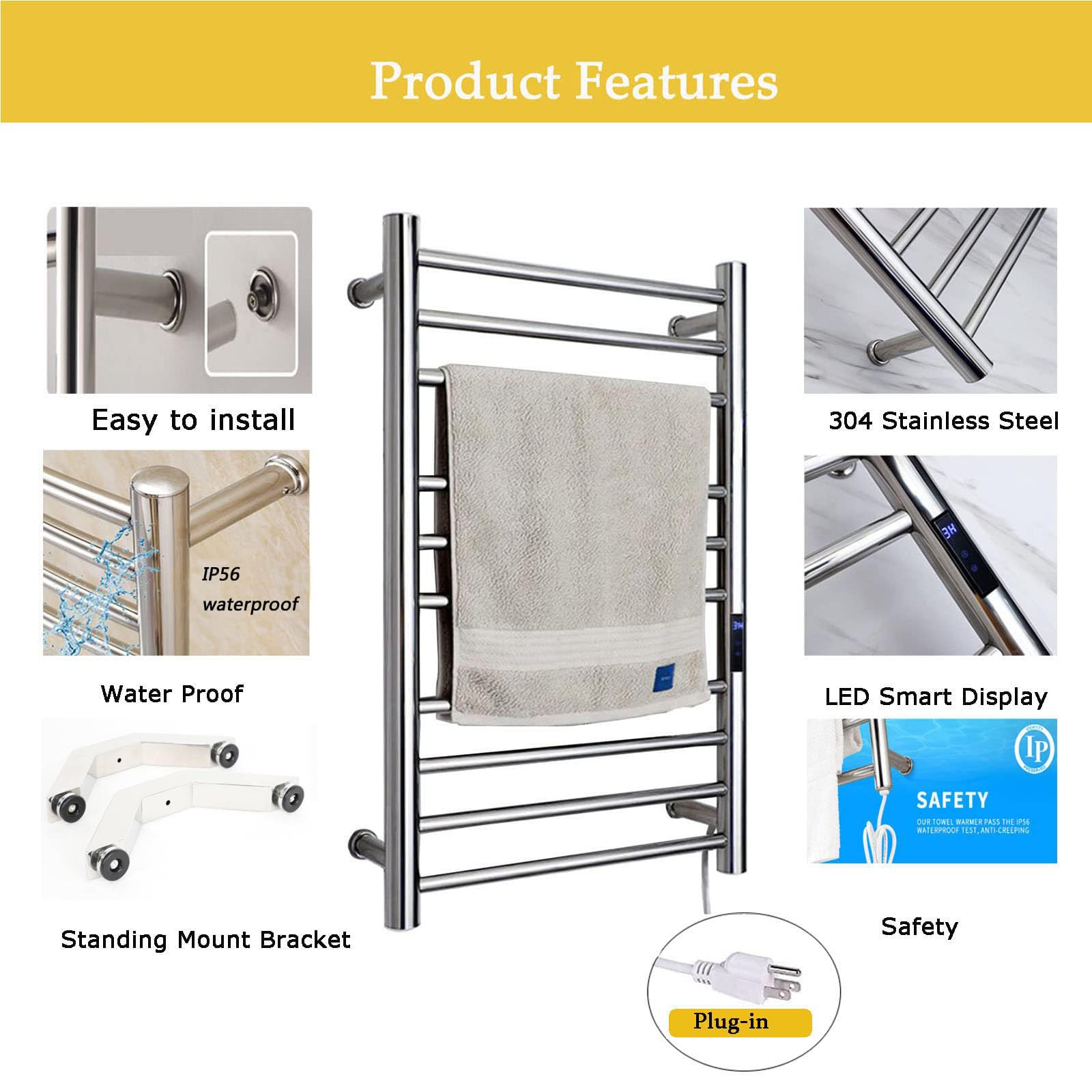 Premium 10-Bar Heated Towel Warmer - 304 Stainless Steel Electric Towel Rack with Built-in Timer | Free Standing & Wall Mounted Bathroom Towel Heater (Plug-in, Silver) | Perfect for Spa-Like Luxury, Cold Mornings & Cozy Bathroom Comfort