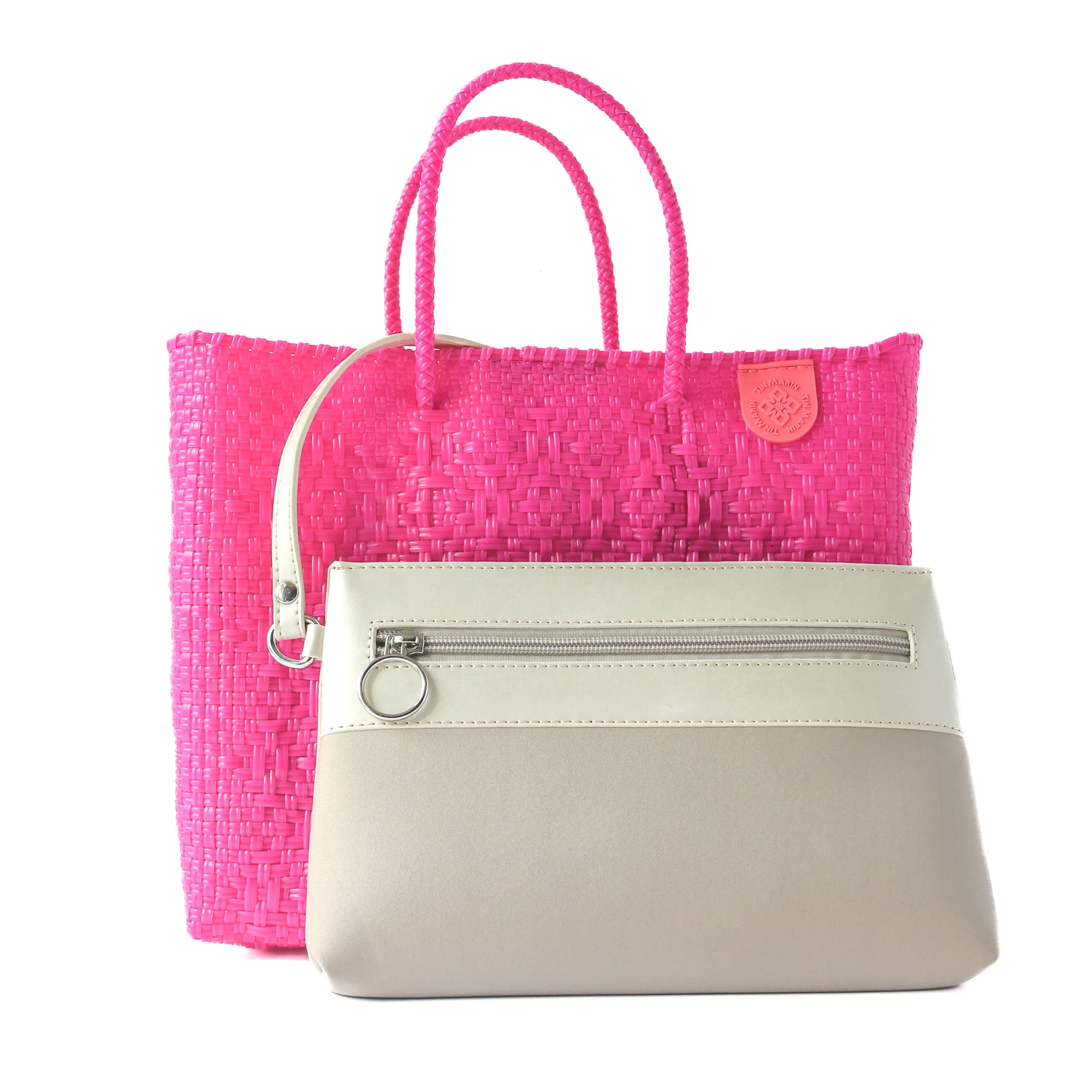 Vallarta Medium Woven Crossbody Bag with Detachable Mesh Pouch - Hot Pink Fuchsia Recycled Plastic Beach Purse | Mexican Artisan Made Handbag for Women | Perfect for Travel, Shopping & Resort Vacations