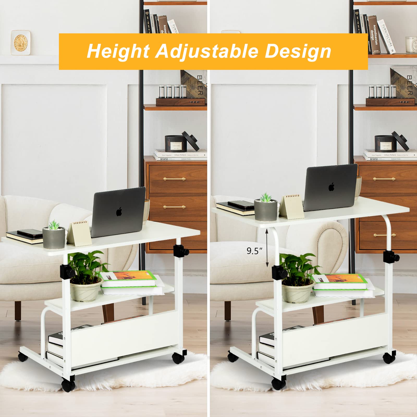 Portable Rolling Desk with Wheels, Adjustable Height for Home Office & Study - 32