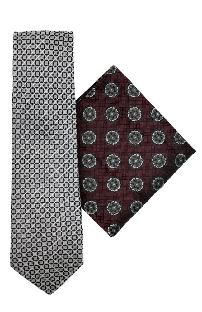 L.A. Smith Medallion Wine Silk Tie & Pocket Square Set - Elegant Formal Wear for Weddings, Business Meetings & Special Occasions
