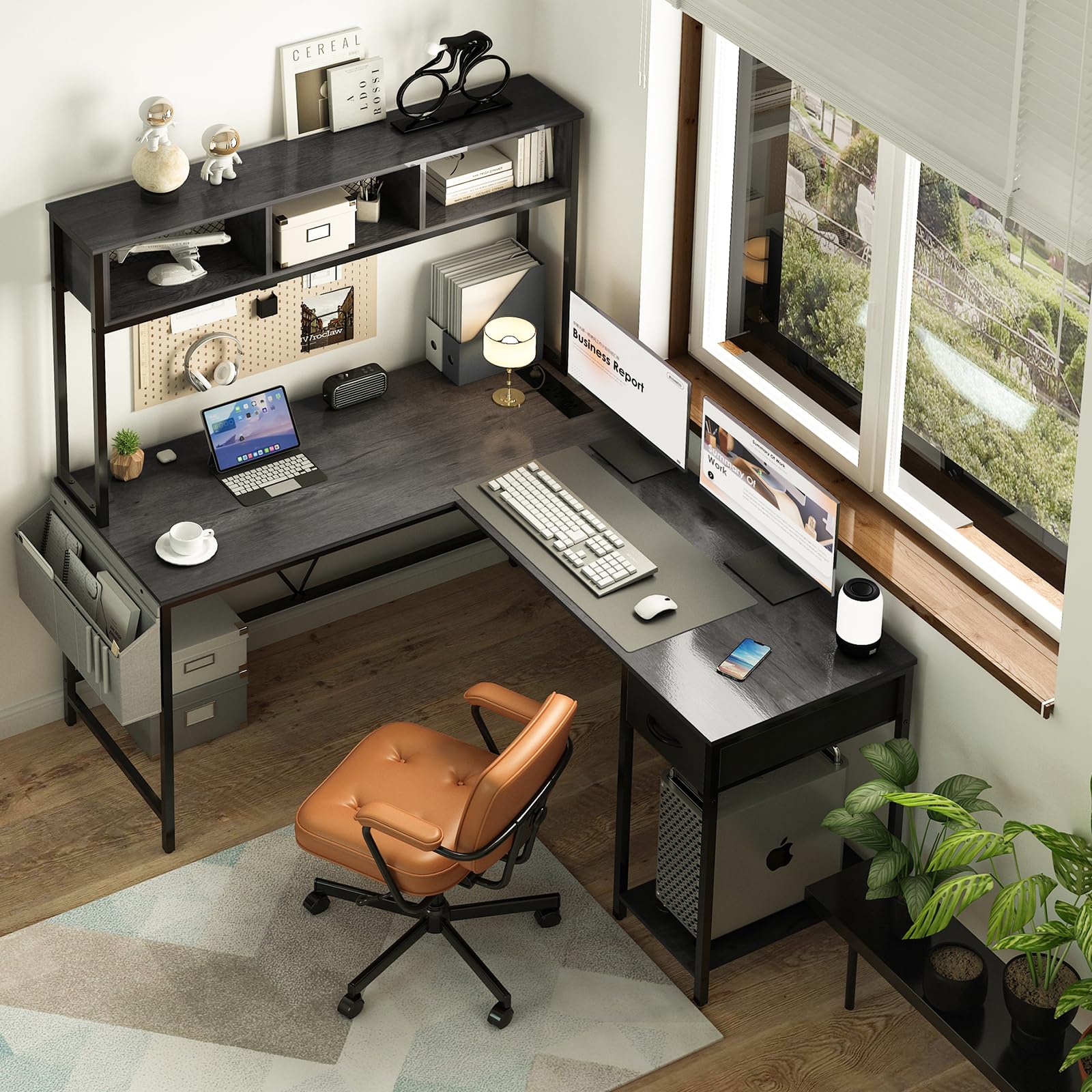 Yoobure L-Shaped Gaming Desk with LED Lights & Power Outlet - Reversible Corner Computer Desk with Storage Shelf, Drawer & Organizer Bag - Ergonomic Home Office Desk for 2 People (Gray) - Perfect for Small Spaces, Gaming Setups & Shared Workspaces