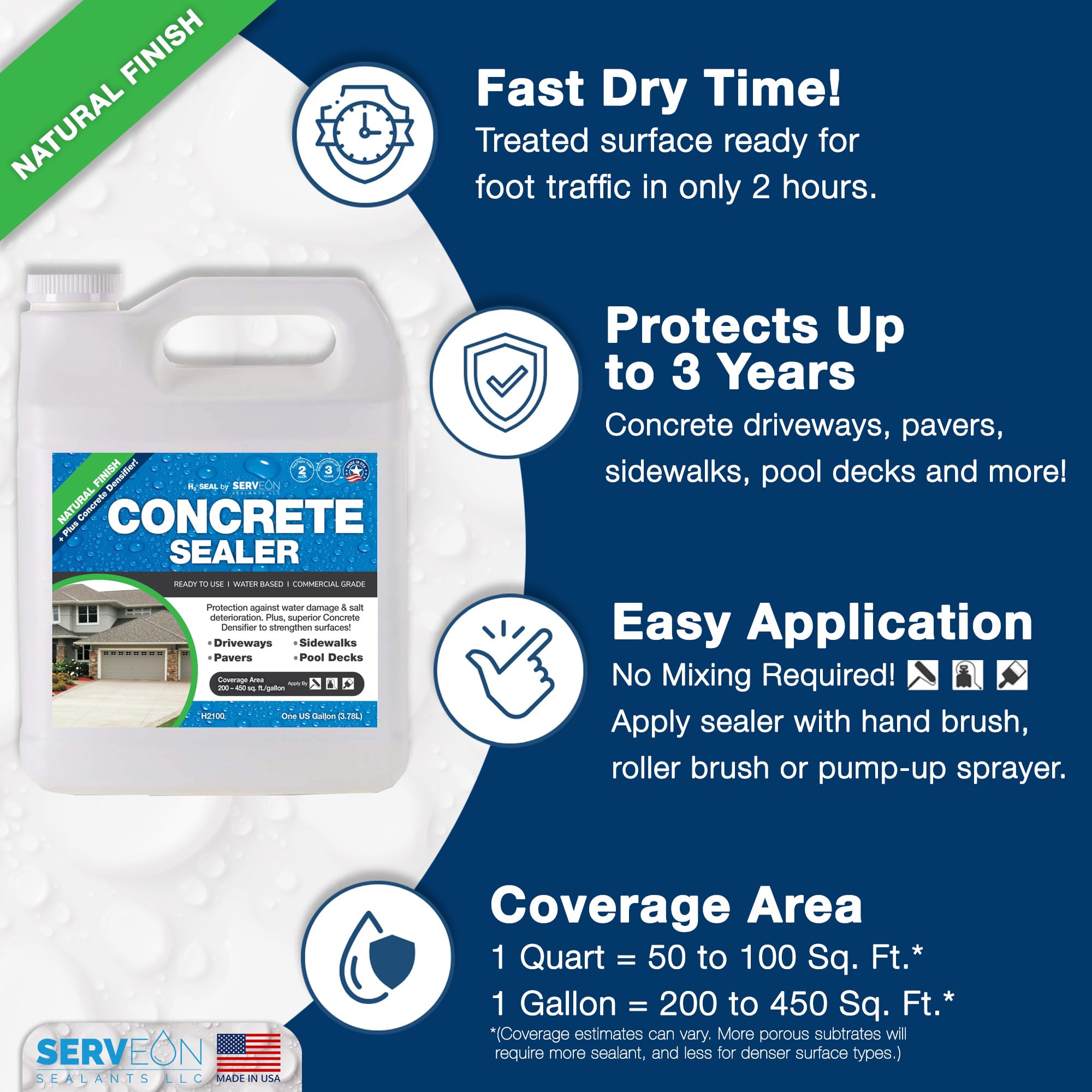 Commercial Grade Concrete Driveway Sealer Plus Penetrating Densifier - Clear Natural Finish Waterproof Sealant for Pavers, Sidewalks & Pools | Indoor & Outdoor Use | 1 Quart H2100 | Protects Against Weather & Wear