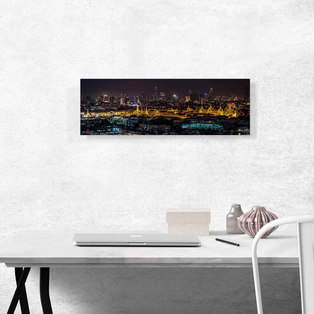 ARTCANVAS Bangkok Skyline at Night - Stretched Framed Canvas Wall Art Print, 36x12 Inches, 0.75