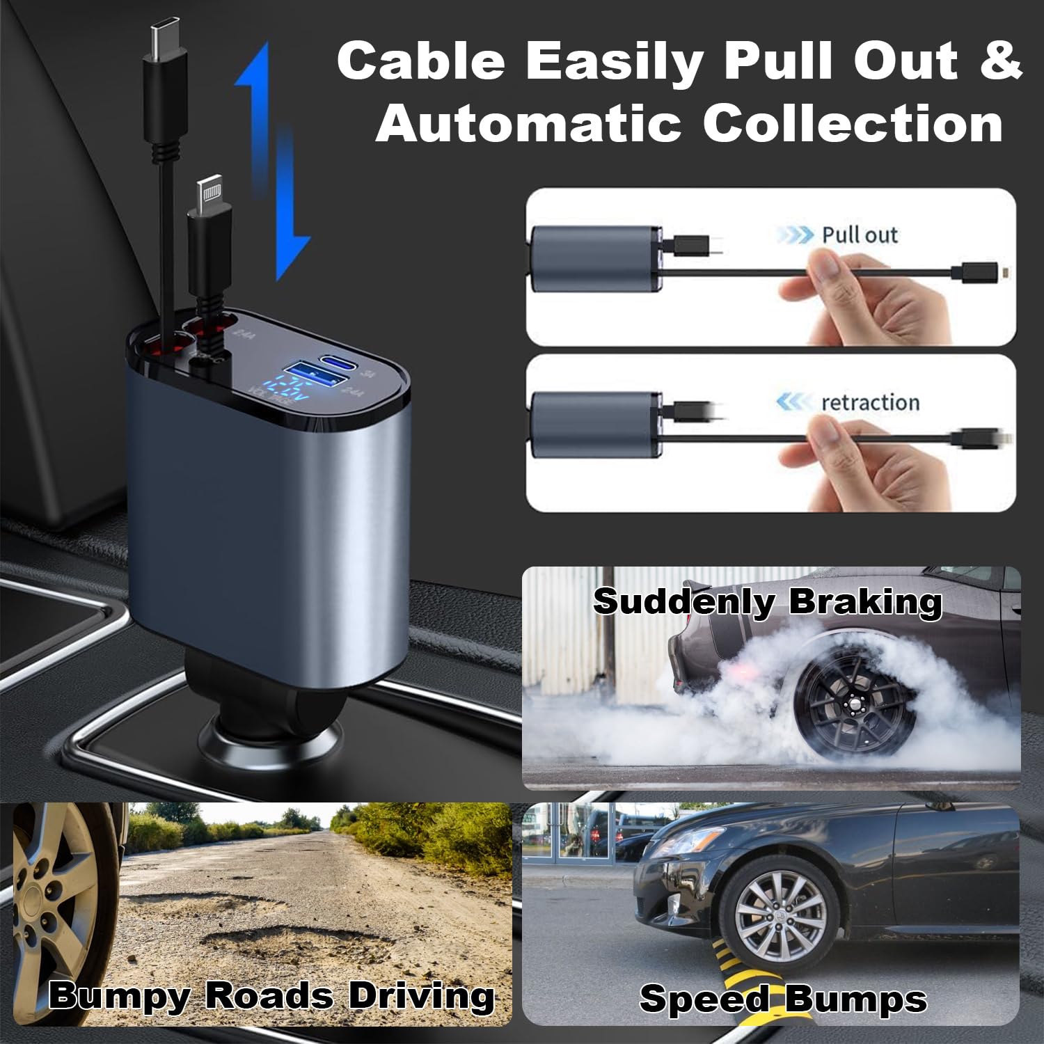 66W Retractable Car Charger with 4-in-1 Fast Charging - USB C & Lightning Cable Car Adapter for iPhone 15/14/13/12 Pro Max, iPad, Galaxy S23 - Perfect for Road Trips & Daily Commutes
