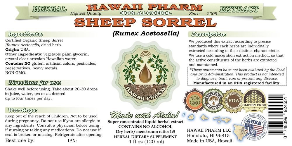Organic Sheep Sorrel Alcohol-Free Liquid Extract (Rumex acetosella) | Natural Herbal Supplement Glycerite | Hawaii Pharm USA | 4 fl.oz | Immune Support & Detox | Perfect for Herbal Teas & Wellness Routines
