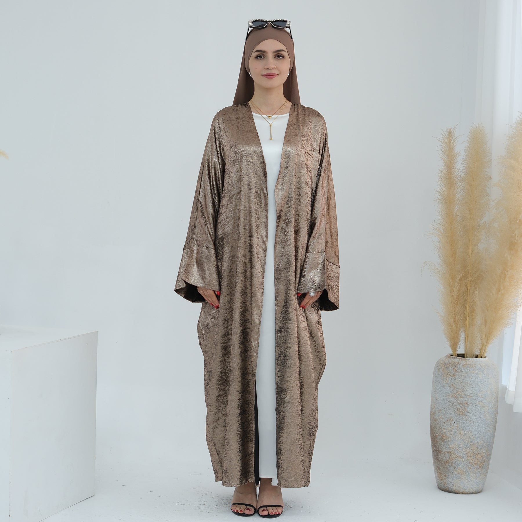 Draya Shimmer Kimono Open Abaya - Elegant Brown Islamic Robe for Women | Perfect for Prayer, Eid, and Special Occasions