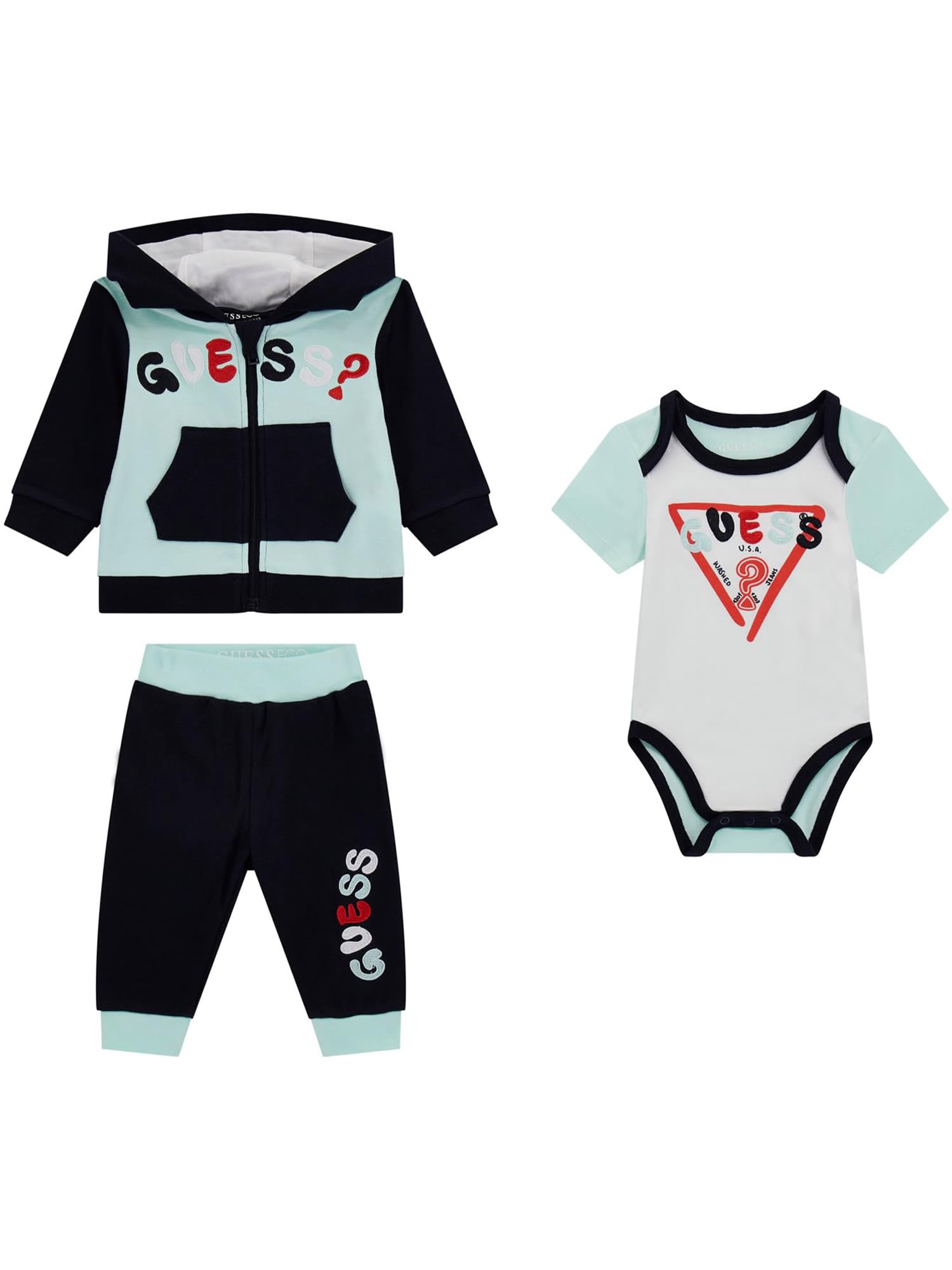 GUESS Baby Boys Eco-Friendly Long Sleeve Hooded Bodysuit & Pants Set - Soft Cotton Outfit for Newborns & Infants - Perfect for Playtime, Family Photos & Everyday Comfort