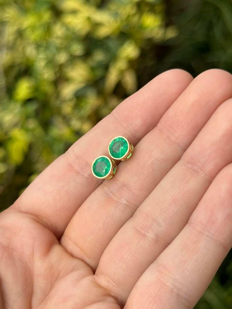 2.14tcw 18K Gold Round Cut Vivid Rich Green Bezel Set Emerald Stud Earrings for Women - Perfect for Weddings, Parties & Special Occasions