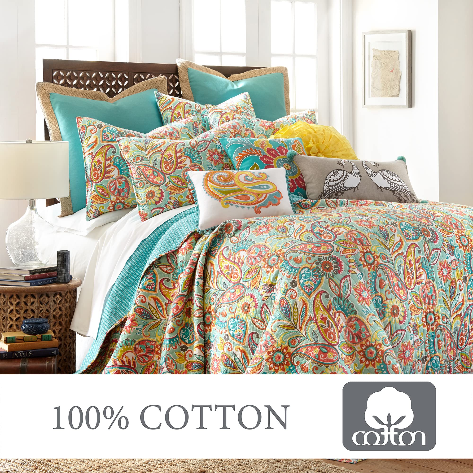 Levtex Home Palisades King Size Quilt Set - 100% Cotton Reversible Paisley Design in Teal Blue | Perfect for Master Bedroom, Guest Room & Cozy Home Decor