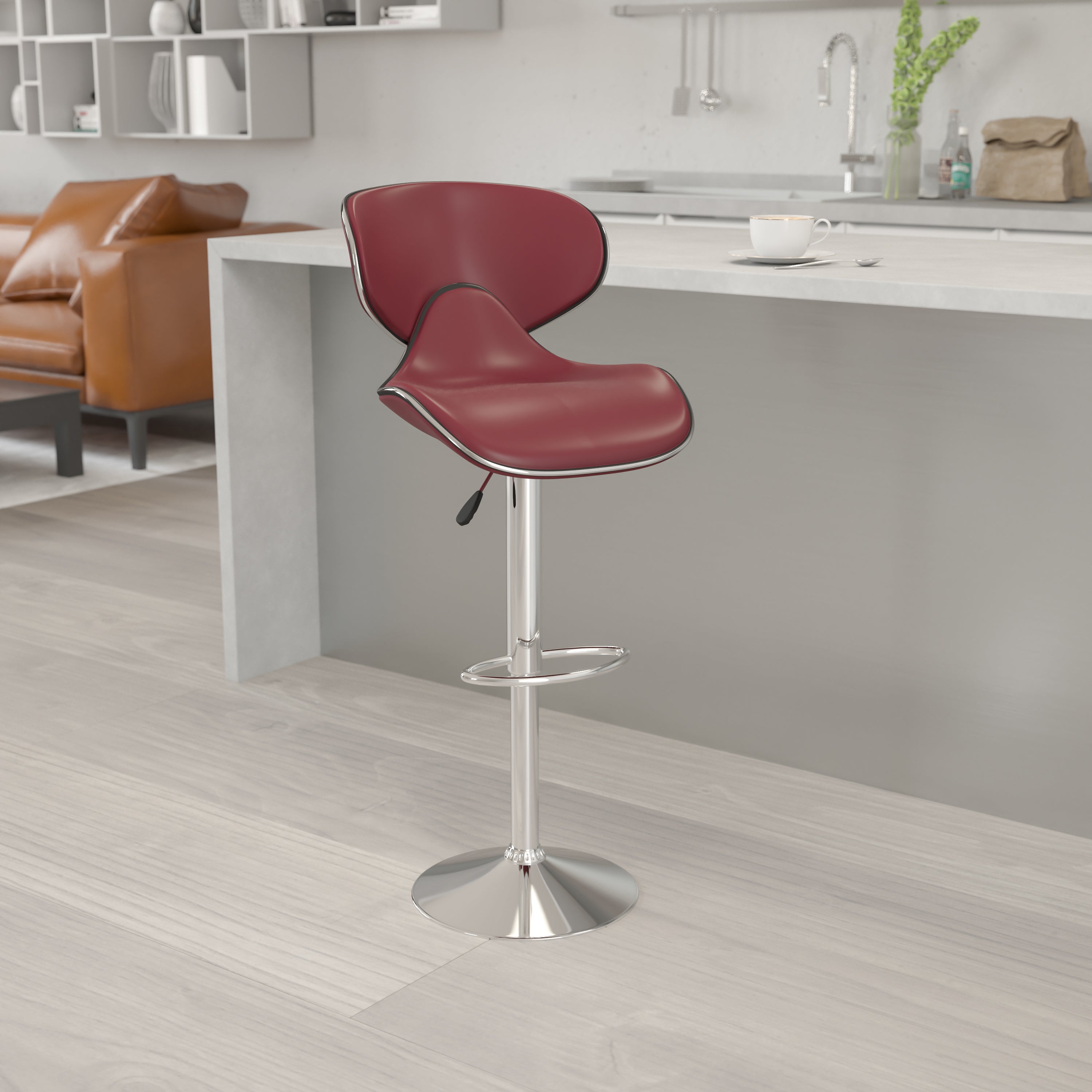 Devin Contemporary Adjustable Height Barstool - Black Vinyl Upholstery, Chrome Base - Modern Kitchen Island & Home Bar Stool for Dining & Entertaining