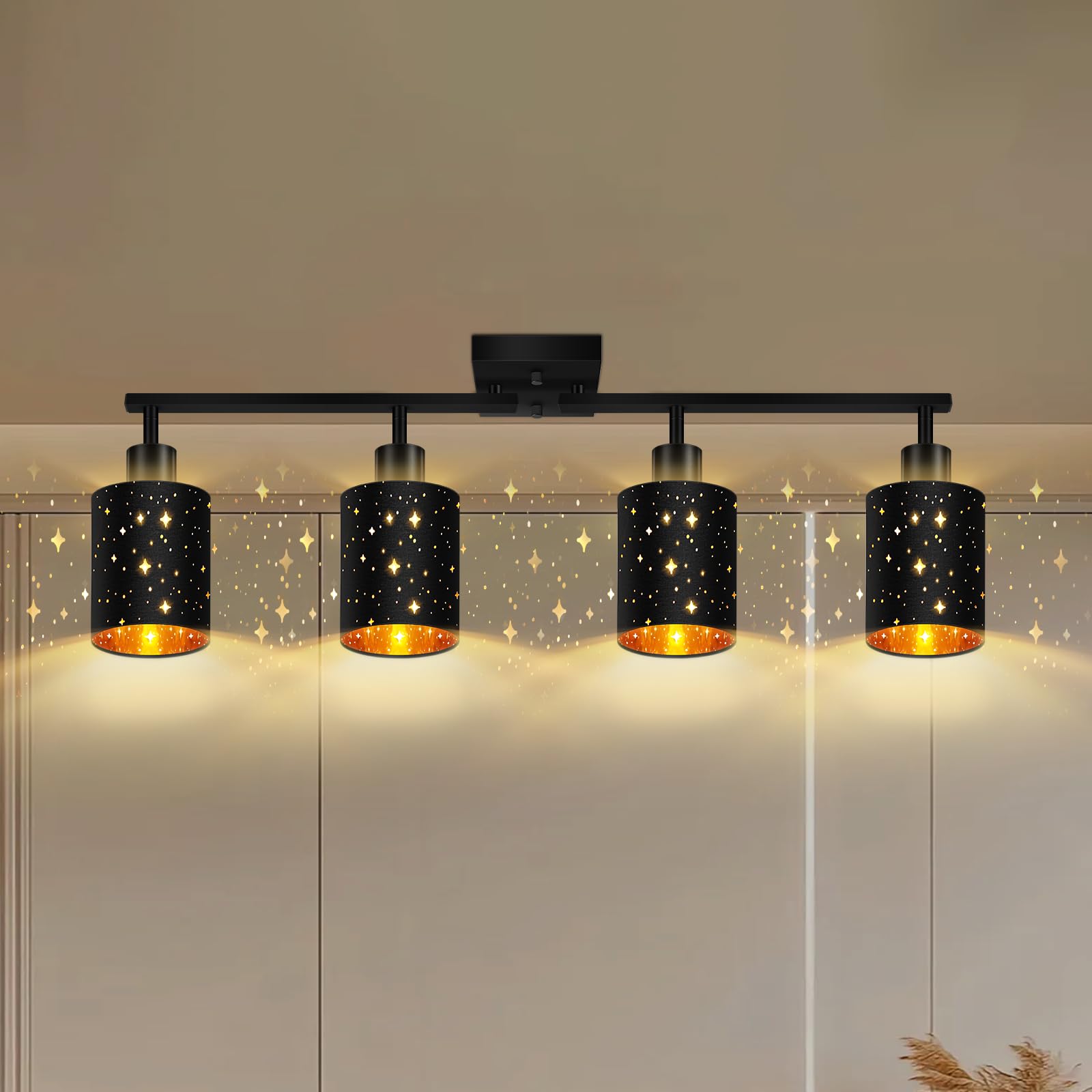 4-Way Black Track Lighting Kit - Modern Flexible Ceiling Spotlight with Industrial LED Wall Light for Kitchen, Cabinet, Gallery, Bar & Hallway | E26 Socket | Contemporary Black Stars Design | Perfect for Home Decor & Commercial Spaces