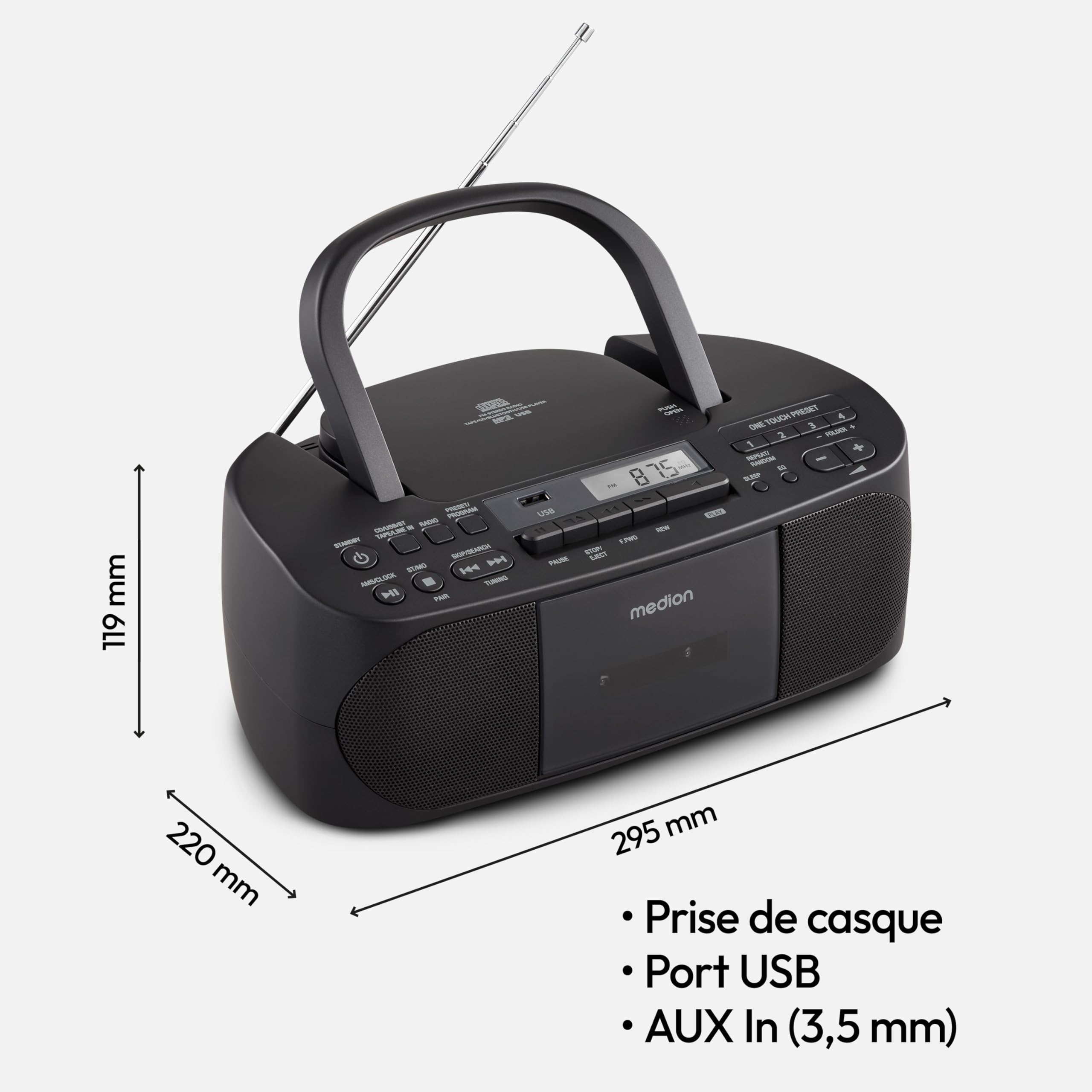 MEDION E65010 Stereo Radio with CD Player, Cassette Deck, USB Port, AUX Audio Input, MP3 Playback, FM PLL Radio, 40 Station Memory, Battery Operated, Remote Control - Black - Perfect for Home, Office, or Car Use