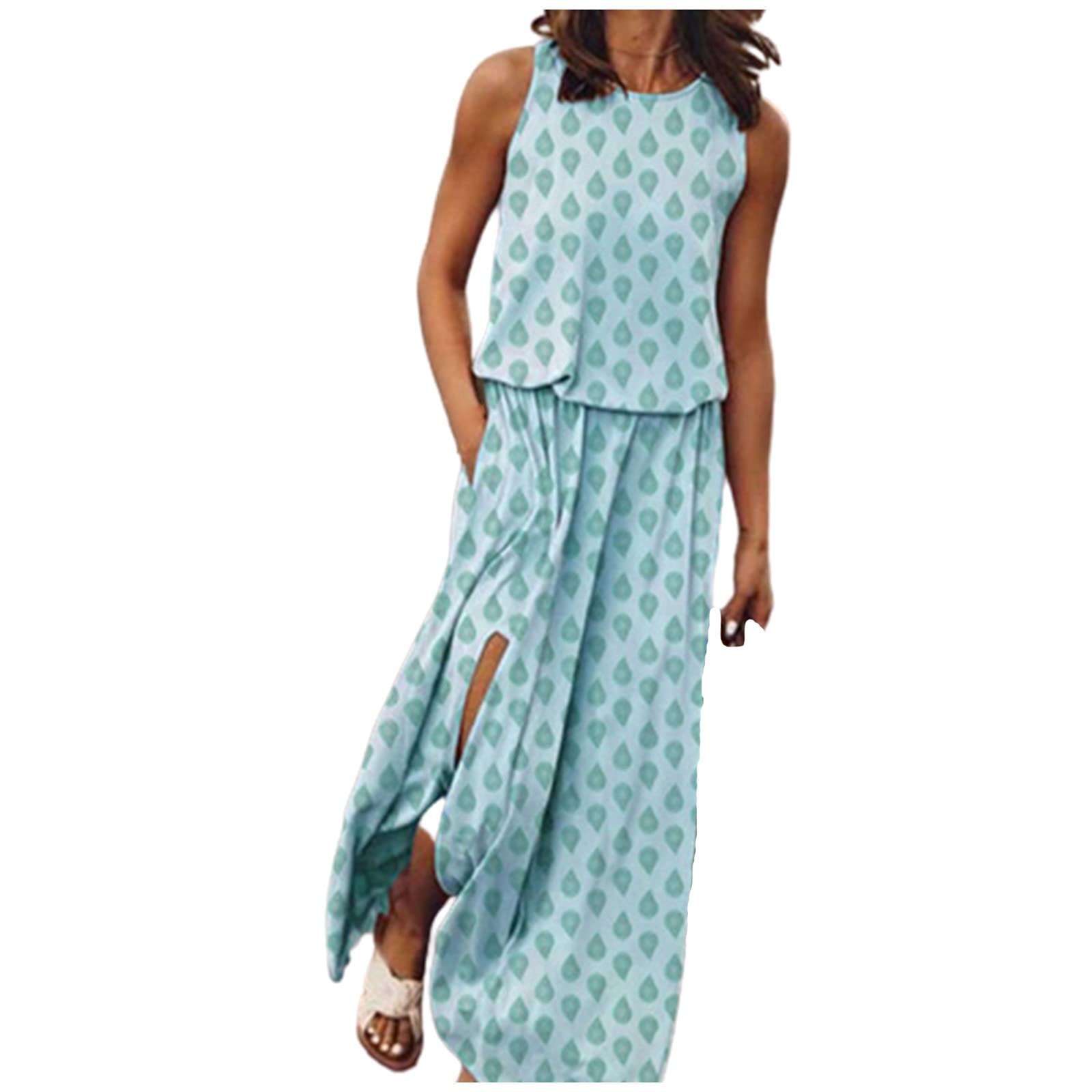 Women's Floral Patchwork Maxi Sundress - Sleeveless Loose Round Neck Long Tank Dress for Summer | Beach Vacation, Date Night & Casual Outings