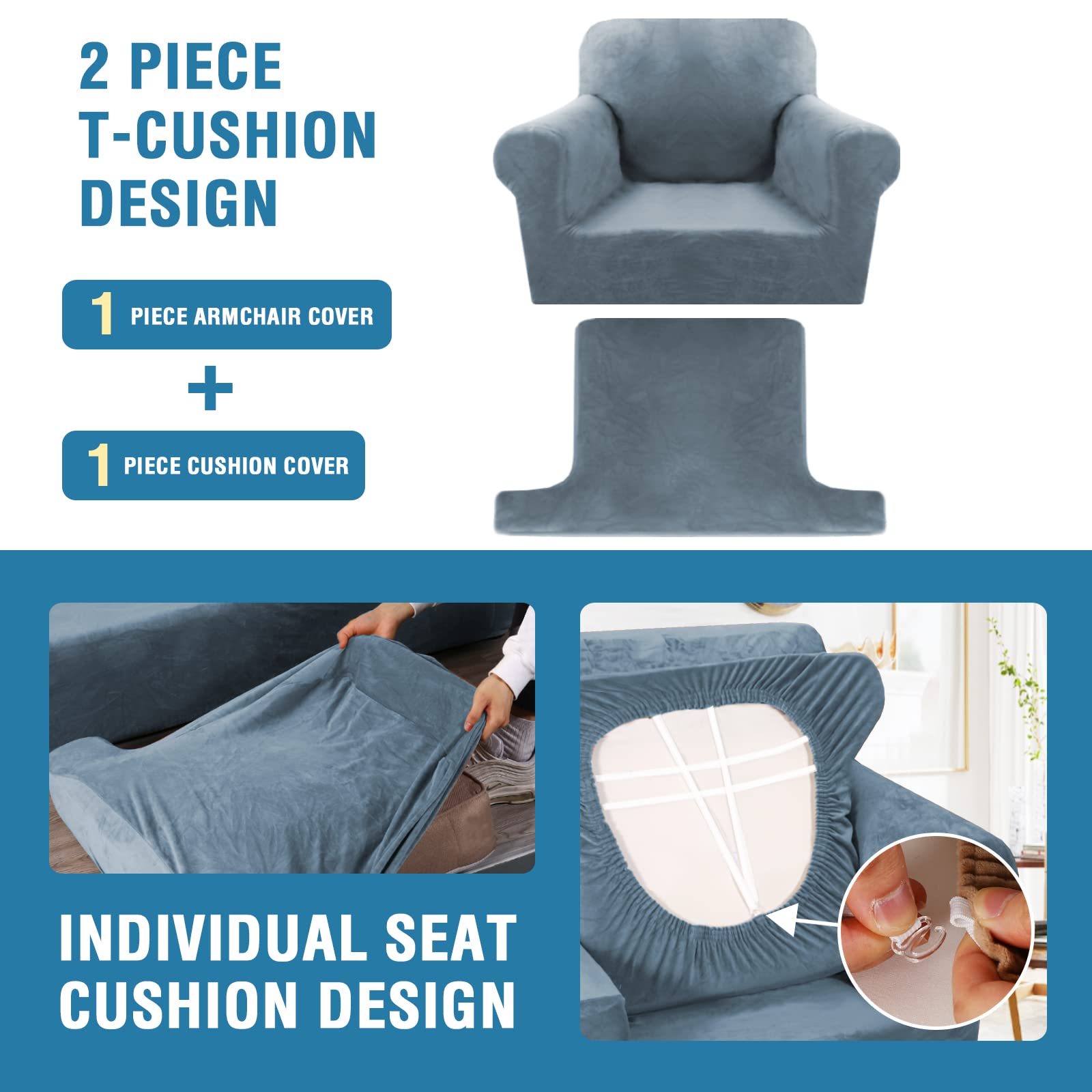 H.VERSAILTEX 2-Piece Sofa Cover Set with T-Cushion - Thick Velvet Stretch Slipcovers for Armchairs & Couches - Furniture Protector in Stone Blue | Perfect for Living Room, Office & Home Decor