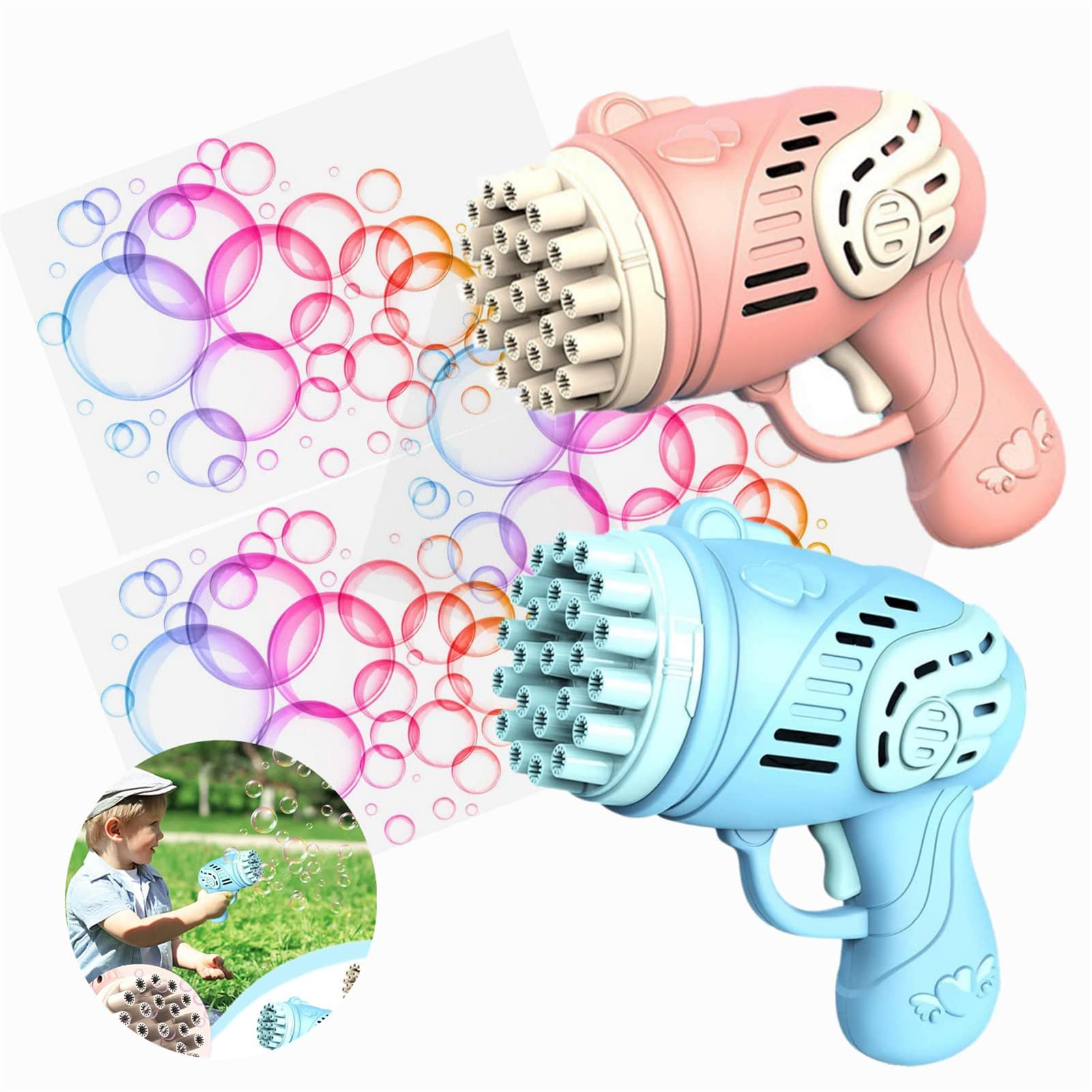 2022 Upgraded 2PC Bubble Machine - 23 Hole Gatling Bubble Blower for Kids, Automatic Bubble Maker with Super Large Phantom Light, Fun Outdoor Party Toy Gift for Birthday, Garden Play & Summer Activities