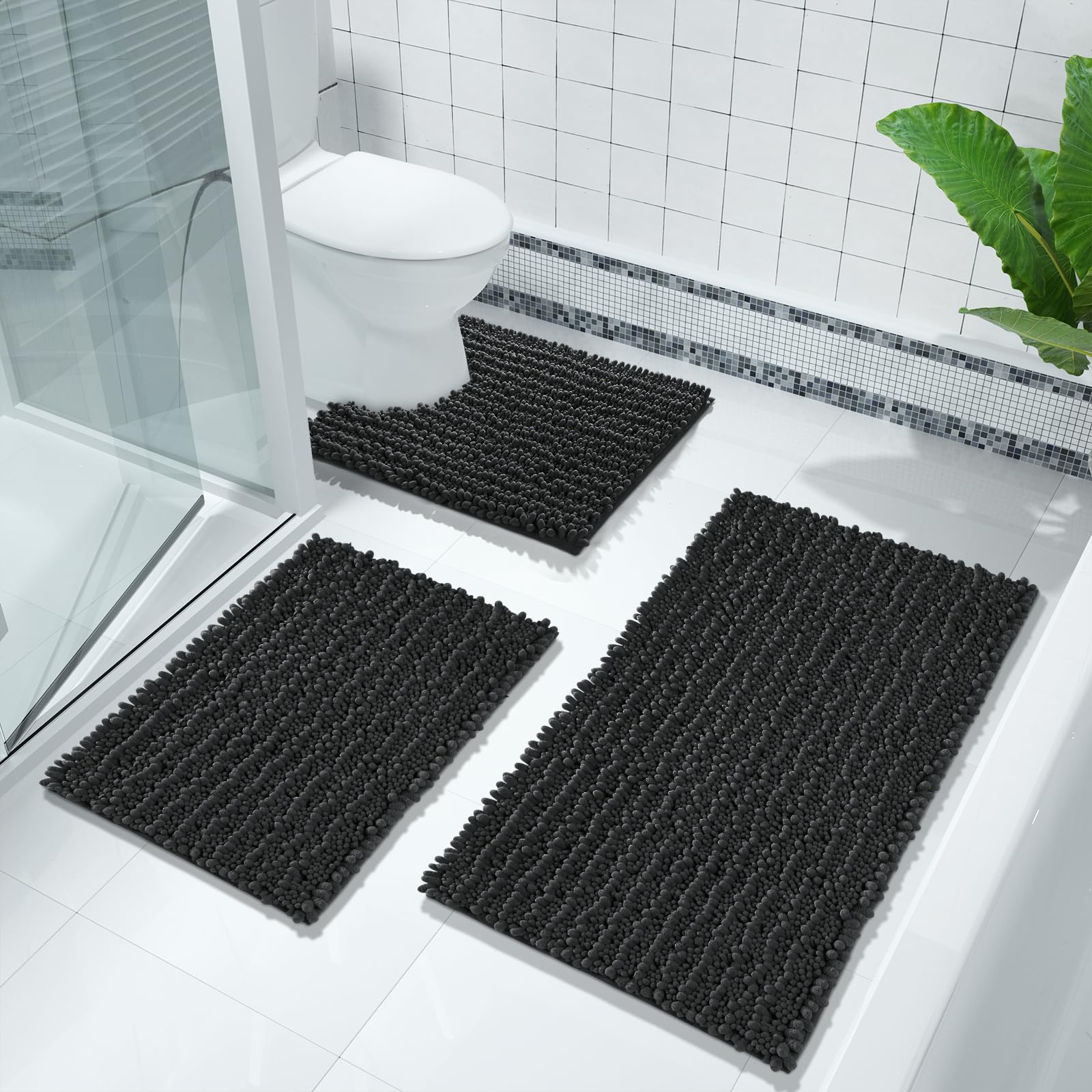 Yimobra Extra Soft Chenille Bath Rug Mat - 55.1 x 24 Inch Large Non-Slip Shaggy Bathroom Mat | Super Absorbent Microfiber Bath Mat for Floor, Tub & Shower | Machine Washable | Black | Perfect for Bathroom Safety and Luxury Comfort