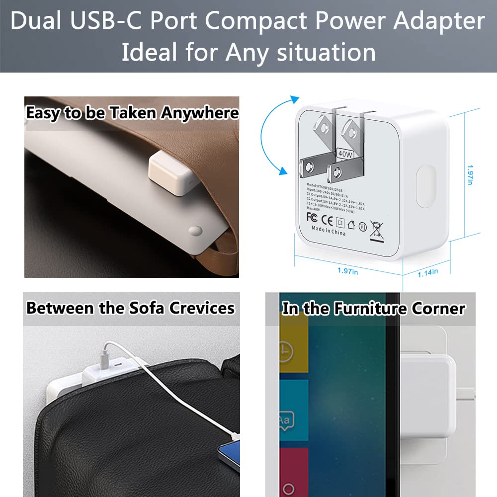 40W Dual USB C Wall Charger Fast Charging Block - 20W+20W Compact Power Adapter for iPhone 16/15/14/13/12/11 Pro Max/Mini & iPad - Includes 2-Pack 6FT USB-C to USB-C Cables - Perfect for Travel, Home & Office Charging